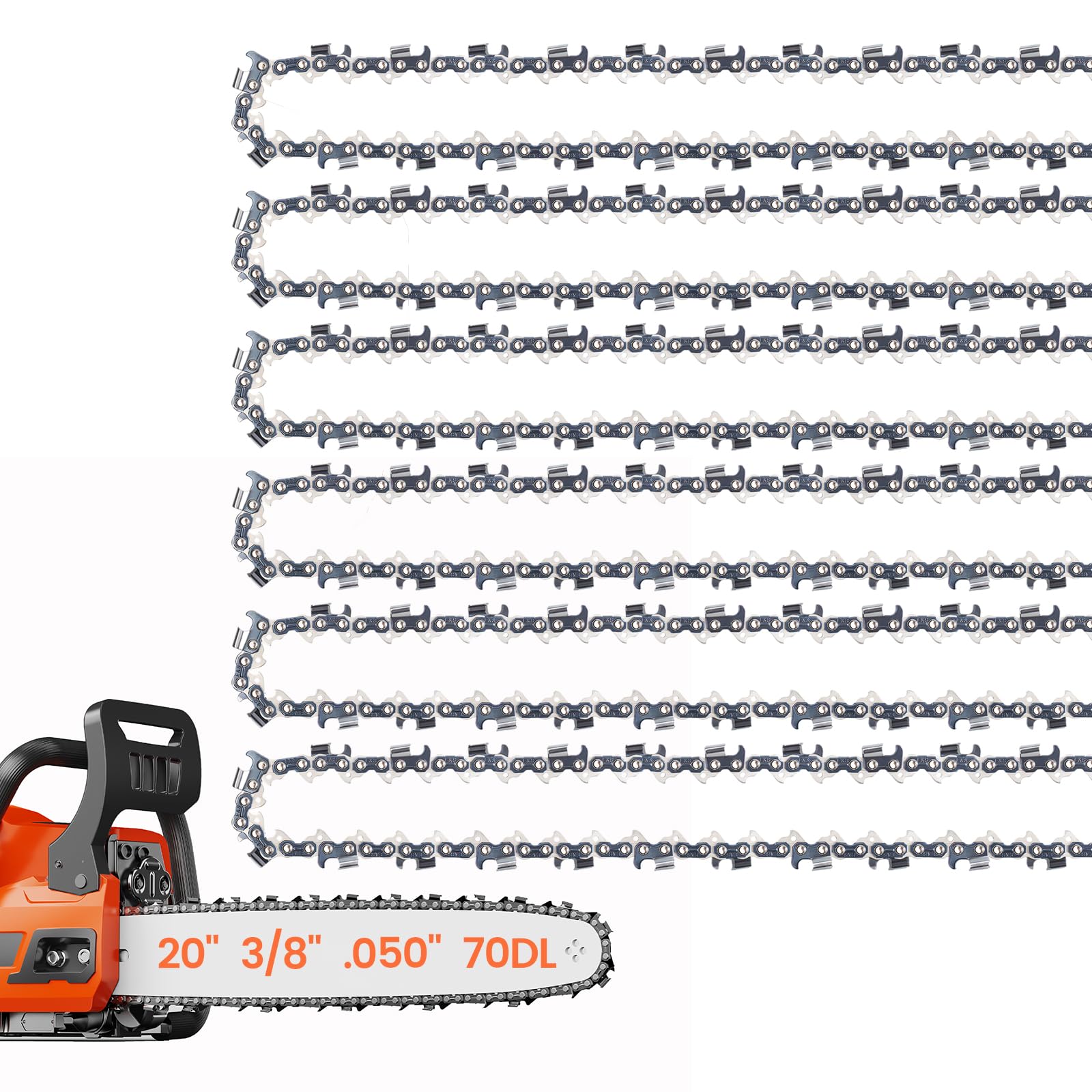 6 Pack 20 Inch Chainsaw Chain 3/8" Pitch .050" Gauge 70 Drive Links Semi-Chisel Chain Saw Chains for Oregon, Stihl, Husqvarna, Poulan, Craftsman, Greenworks and More Chainsaw Brands