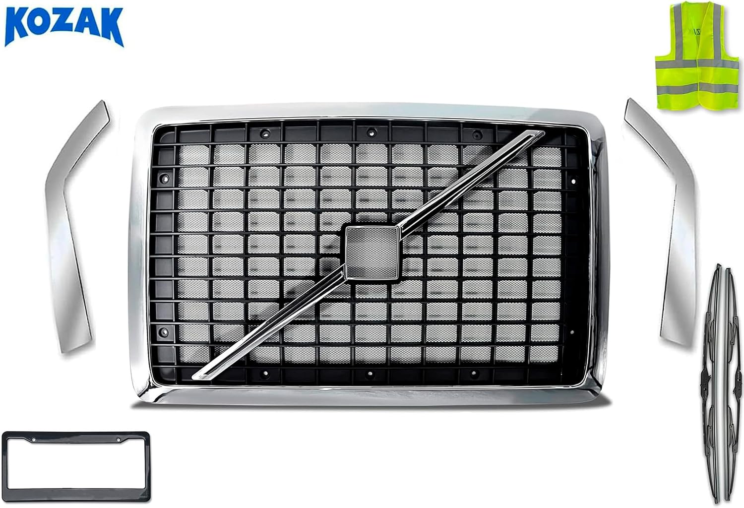 KOZAK Front Grille Chrome with Bug Net Screen Compatible with Volvo VNL 2004-2017 PLUS Fenders Headlight Chrome Trim Set, Logo, 2x 22" Wipers, License Plate Frame, Keychain and Vest