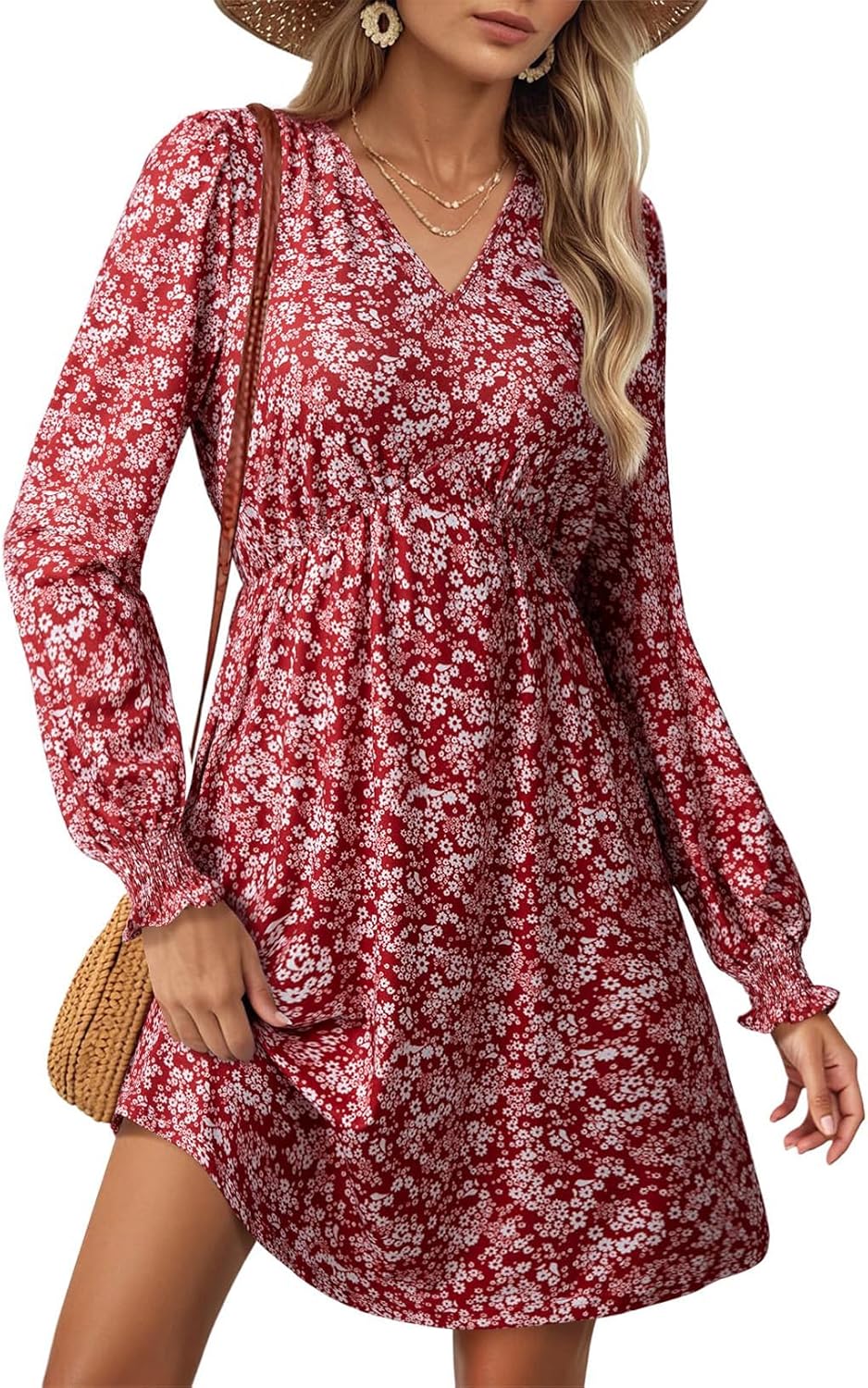 Dokotoo Fall Dresses for Women 2025 Casual V Neck Lantern Long Sleeve Floral Shirred High Waist A-Line Boho Dress