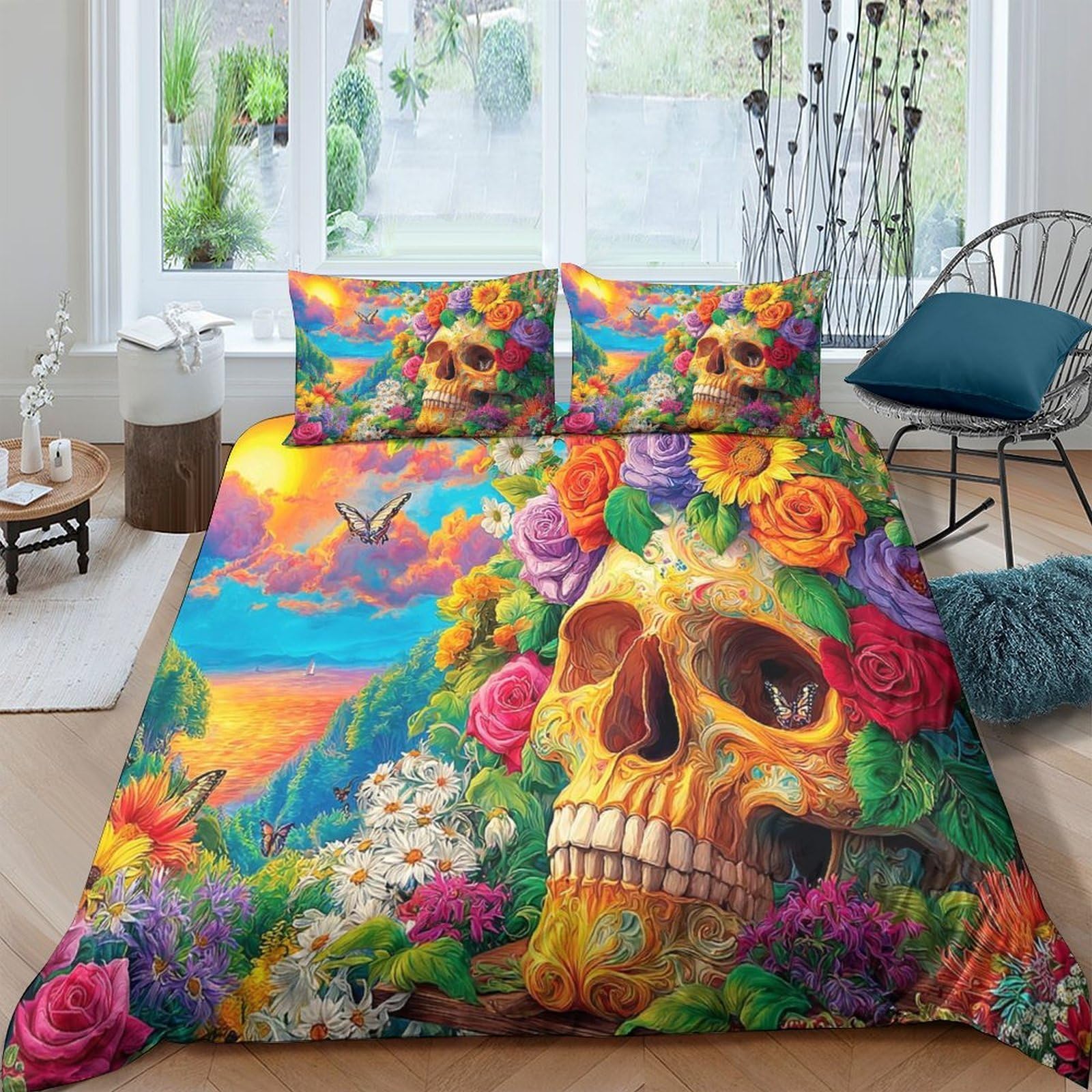 Housse de couette fleurs et crâne 260x220 cm avec ses 2 taies d'oreiller assorties