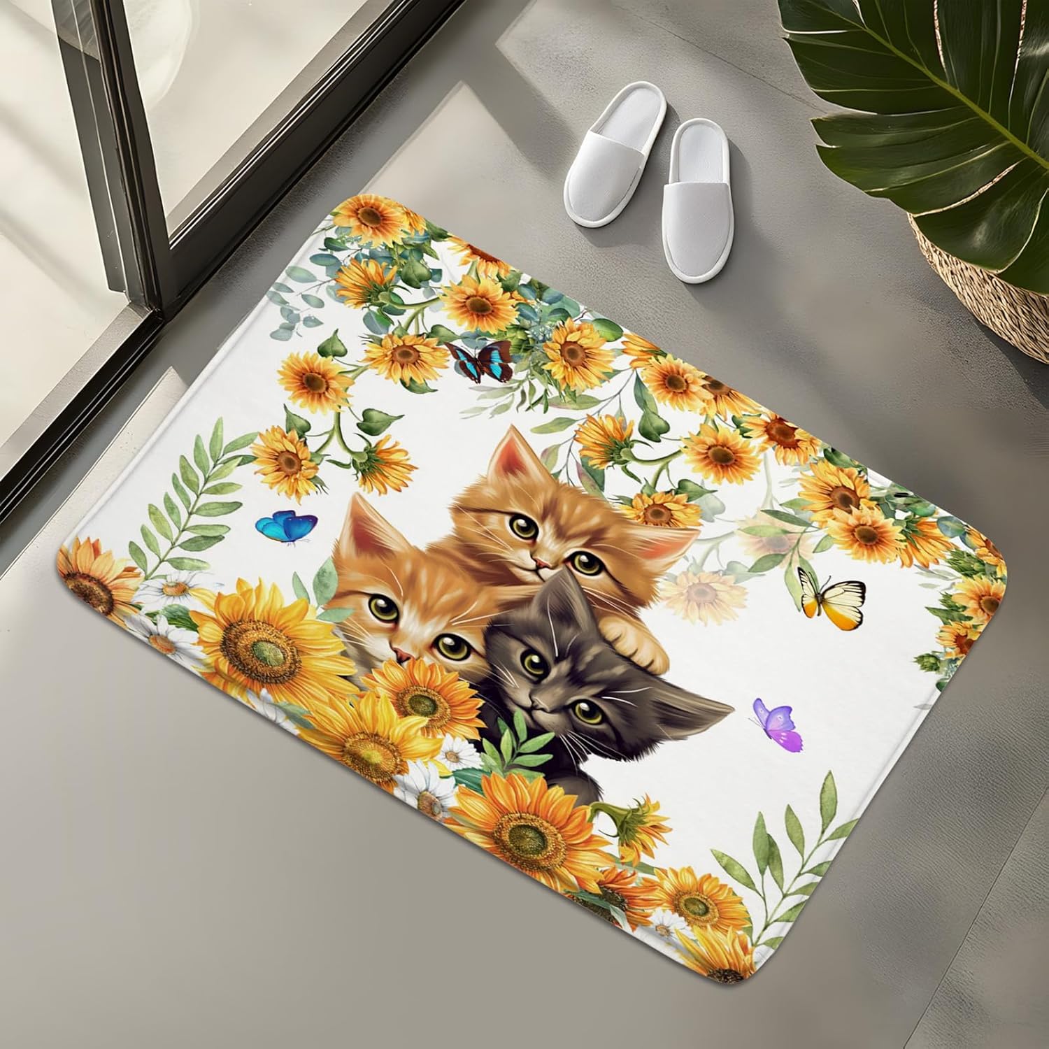 4Pcs Sunflower Cat Shower Curtain Set Rustic Vintage Floral Farmhouse Kitty Pet Lover Kitten Flower Cats Flowers Butterfly Toilet Lid Cover and Bath Mat Rugs Bathroom Accessories with 12 Hooks