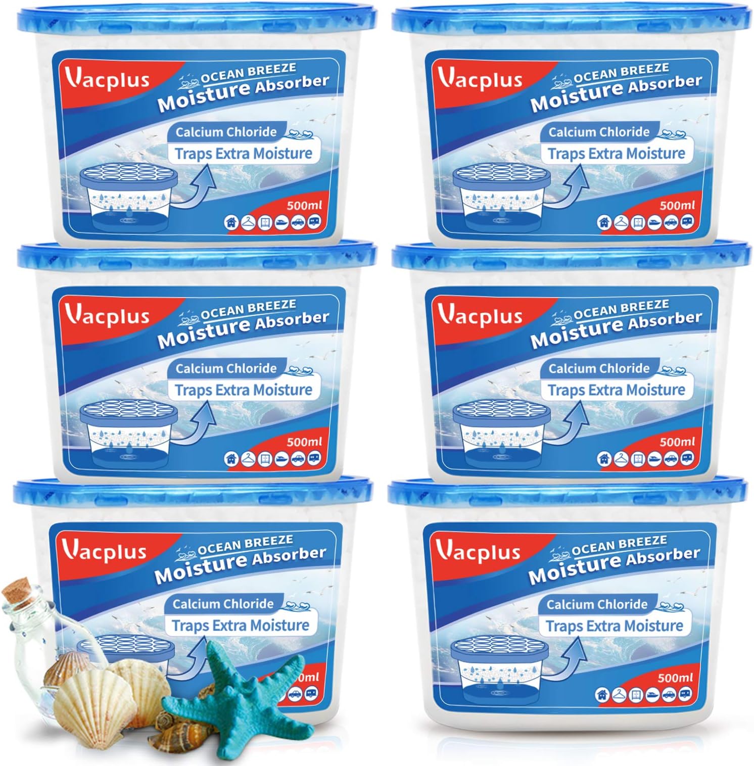 Vacplus Moisture Absorber boxes (6 Pack), 10.5 Oz, Unscented Moisture Absorber, Humidity Absorber Attracts Extra Moisture from Your Bathroom, Closet, Kitchen & Study, Dehumidifier for Closet (Ocean)