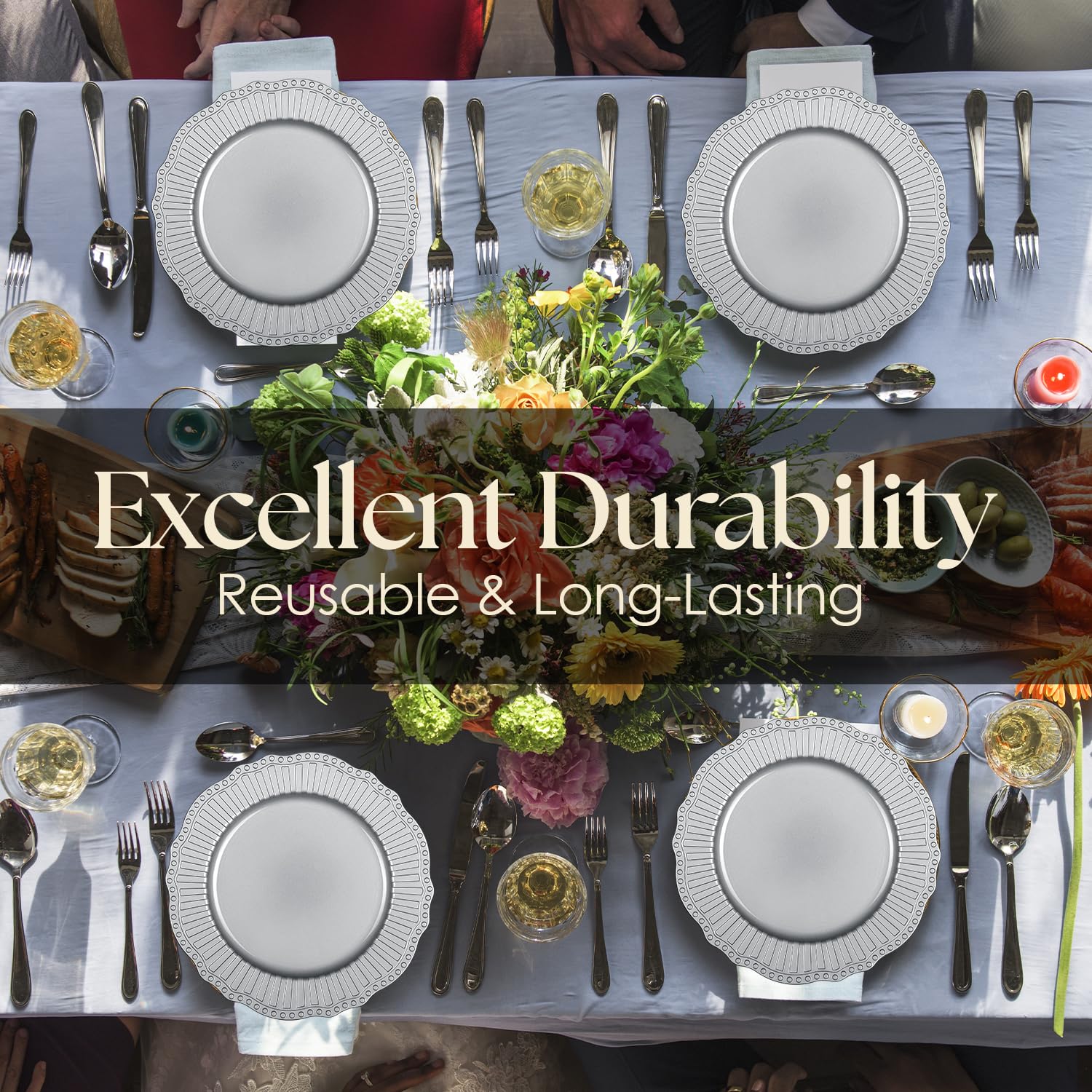 Juego de platos de carga plateados, vajilla de plástico vintage de 13 pulgadas, platos reutilizables y elegantes para fiestas, bodas y eventos (juego de 6)
