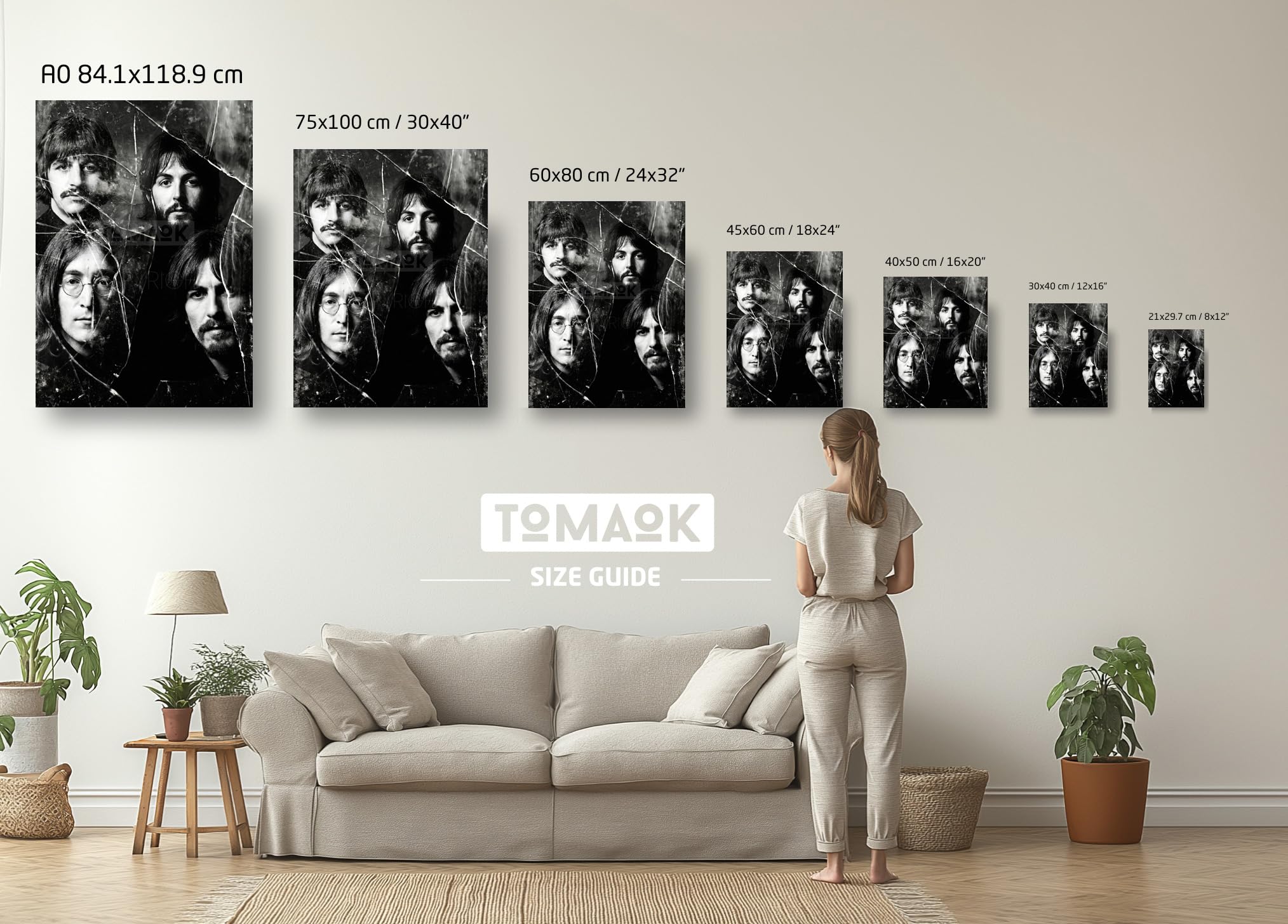 Tomaok® - Poster Stampa poster d'arte (cornice non fornita) Gruppo musica pop rock Les Beatles in composizione bianco e nero, ritratto specchio rotto, decorazione art murale