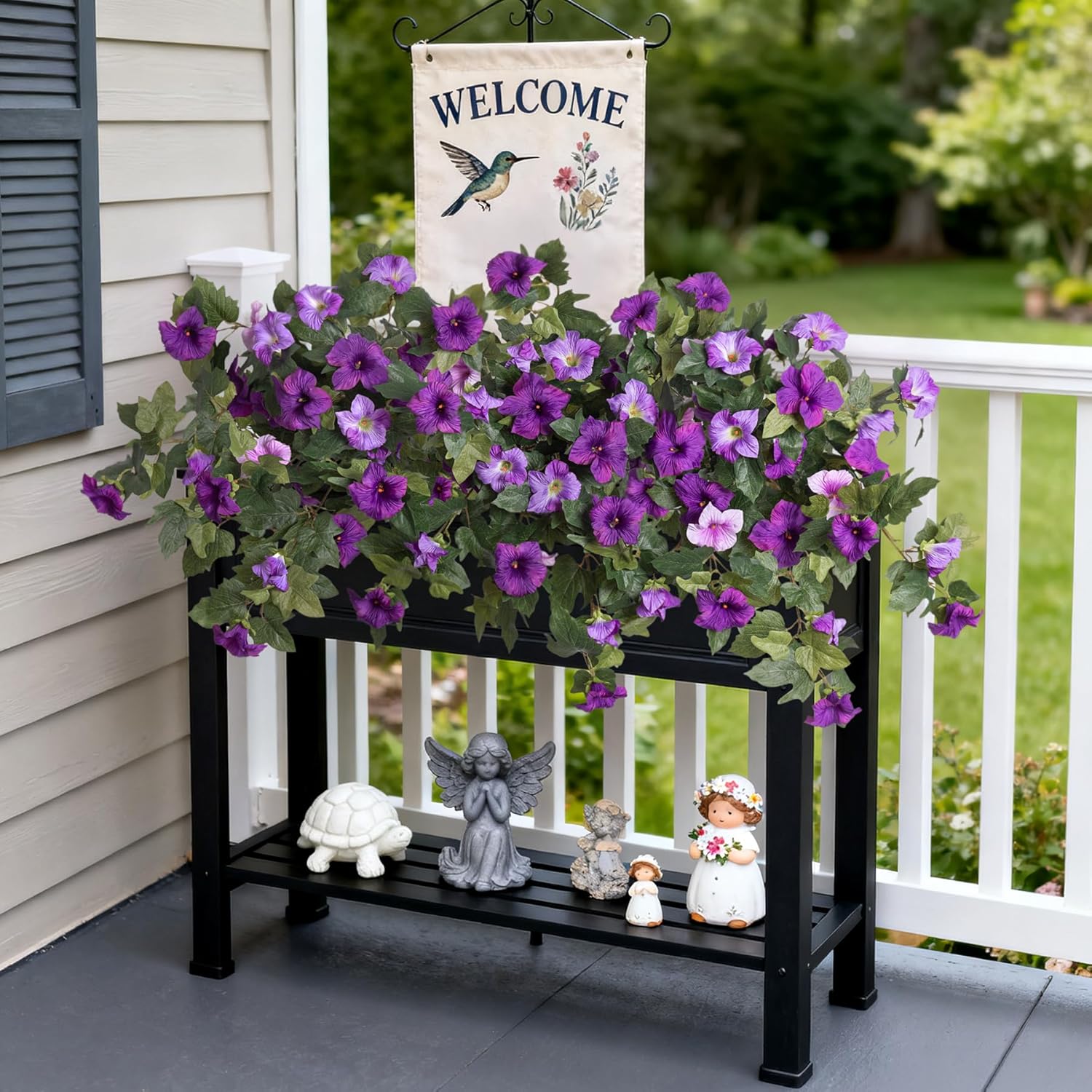 2PCS Artificial Petunia Flowers for Outdoors, Fake Flowers for Outdoor Planters UV Resistant Faux Silk Petunias for Garden Porch Yard Balcony Patio Realistic Home Kitchen Decor(Double Purple)