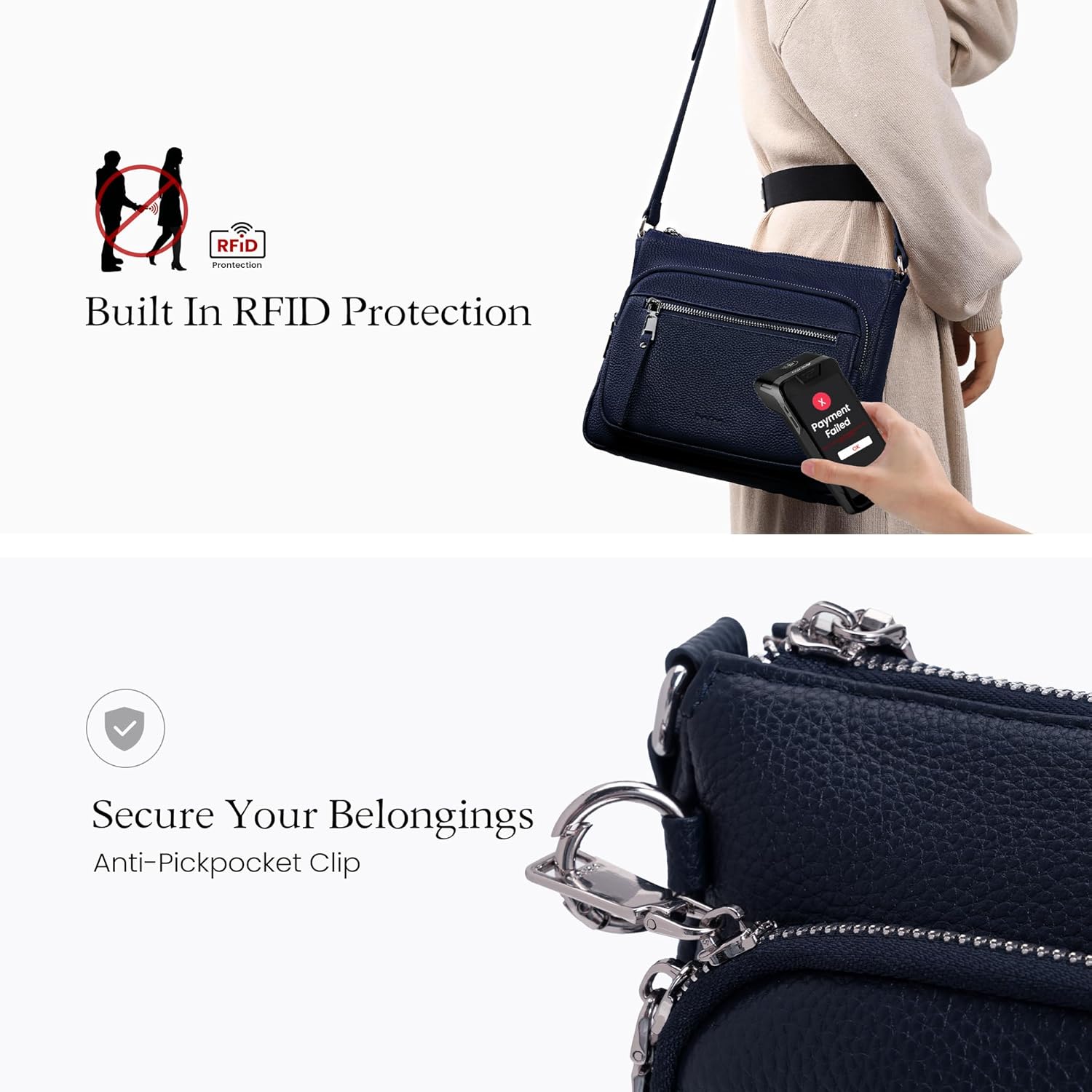 befen Genuine Leather Crossbody Bags for Women Medium Size RFID Blocking Leather Purse for Women with Multi Zip Pockets - Image 3