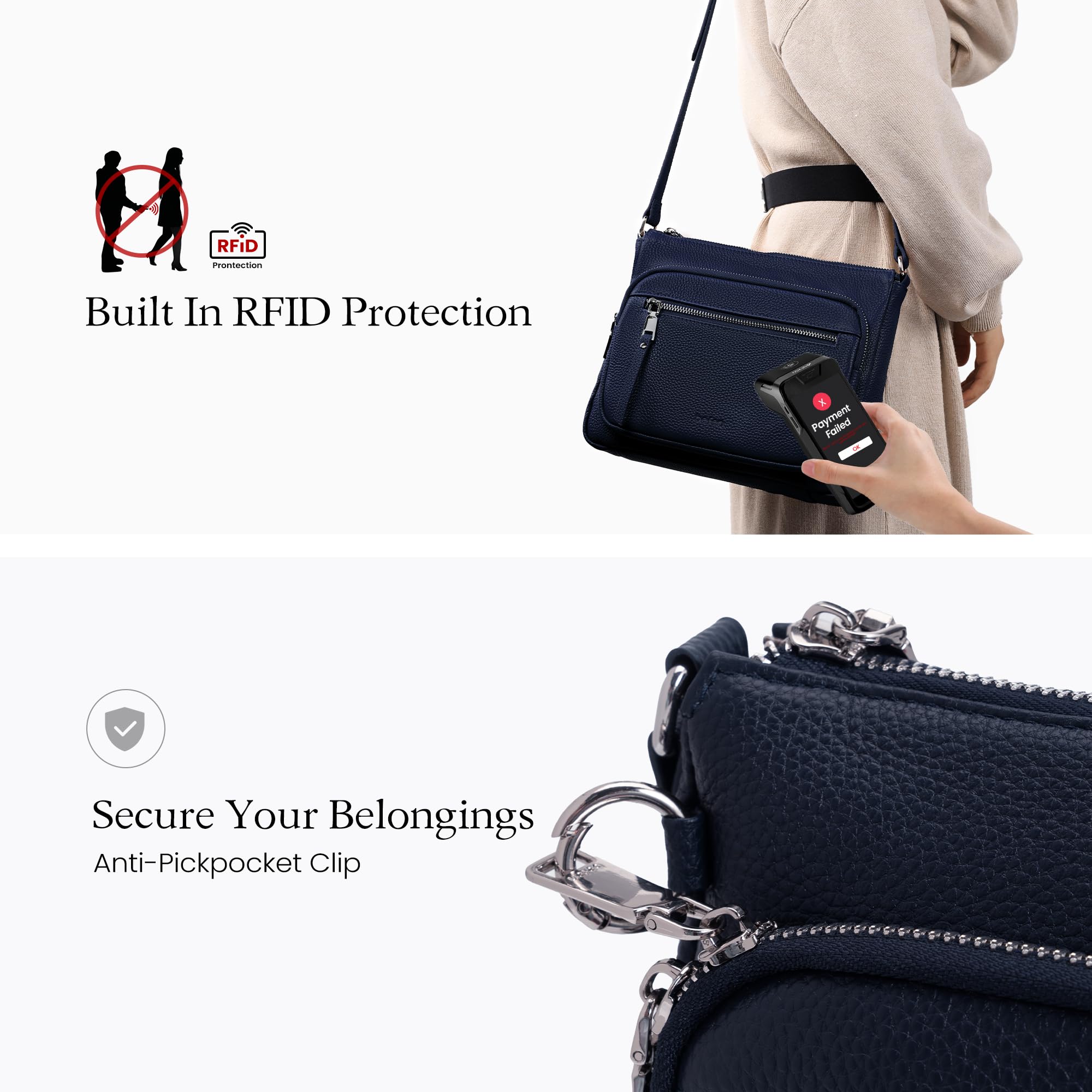 befen Borse a tracolla in vera pelle da donna di medie dimensioni con blocco RFID, borsa in pelle da donna con tasche multiple con cerniera
