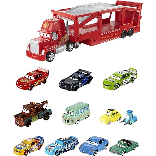 Bundle of Mattel Disney Pixar Cars Die-Cast Mini Racers 10-Pack Vehicles + Mack Hauler, 13-inch Toy Transporter Truck with Ramp & Carry Storage for 12 Vehicles