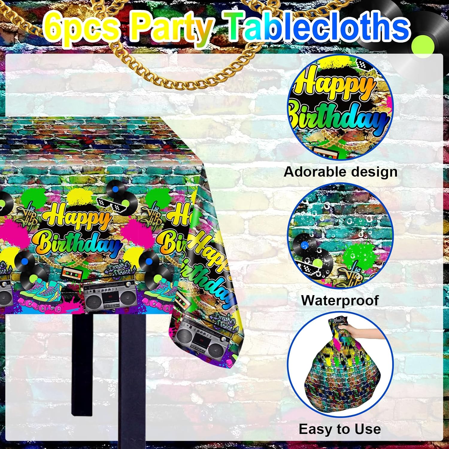 Avezano 6 pcs 80s Party Tablecloth Hip Hop Birthday Party Decorations Plastic Disposable Table Cover 80 90s Theme Birthday Party Supplies Large Graffiti Brick Table Cloth, 108x54 Inch