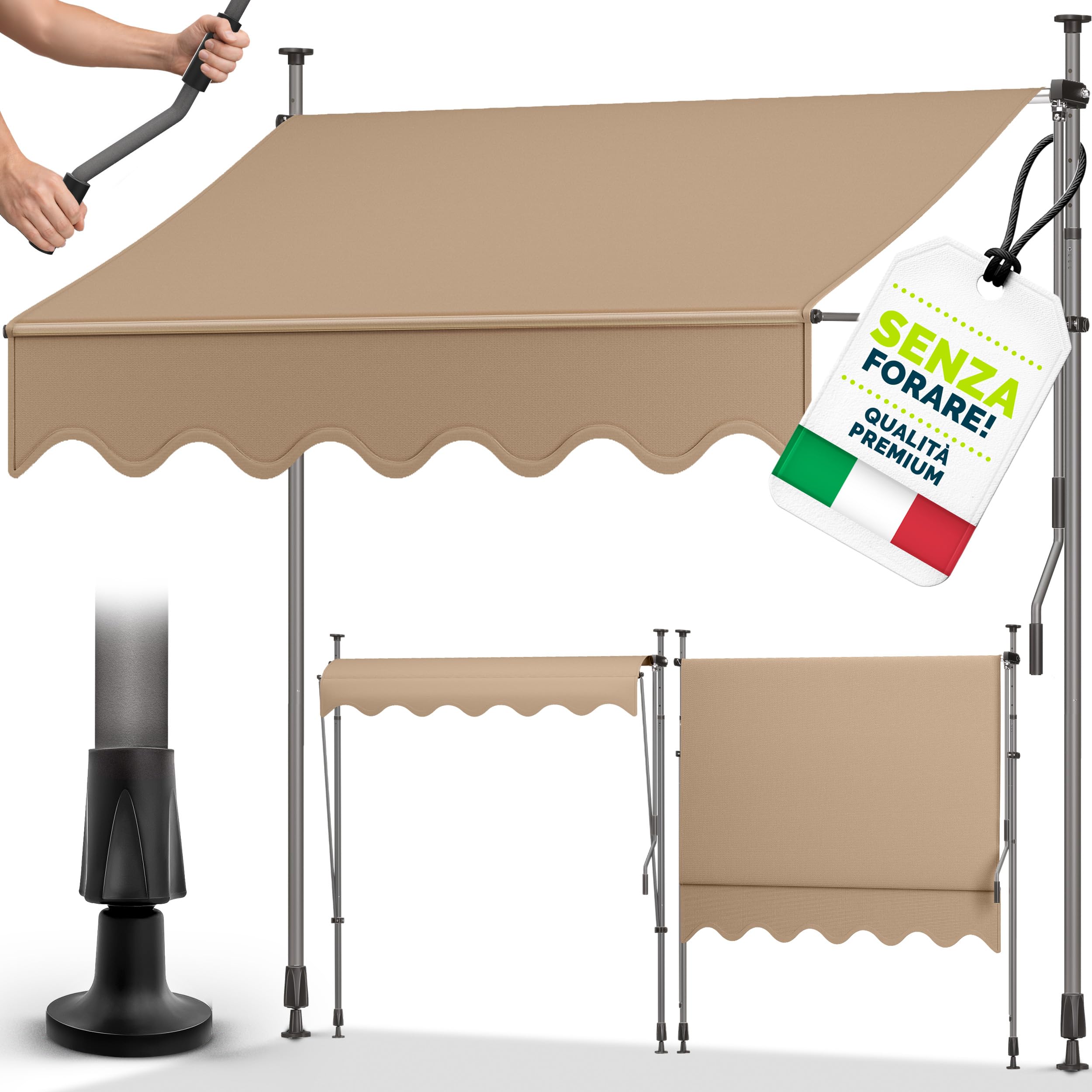 tillvex Tenda da Sole a Bracci con Manovella | Protezione per Balcone, Regolabile, Senza Forare | Tenda Resistente per Esterno Raggi UV e Regolabile in Altezza (Taupe, 250cm)