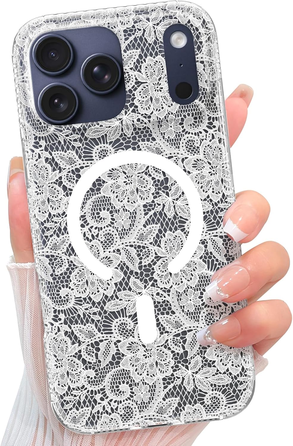 Designed for iPhone 17 Pro Max Case, Clear Lace Floral Pattern, Cute Aesthetic & Elegant Flowers Design for Women [Compatible with MagSafe], Magnetic Shockproof Protective Cover, White