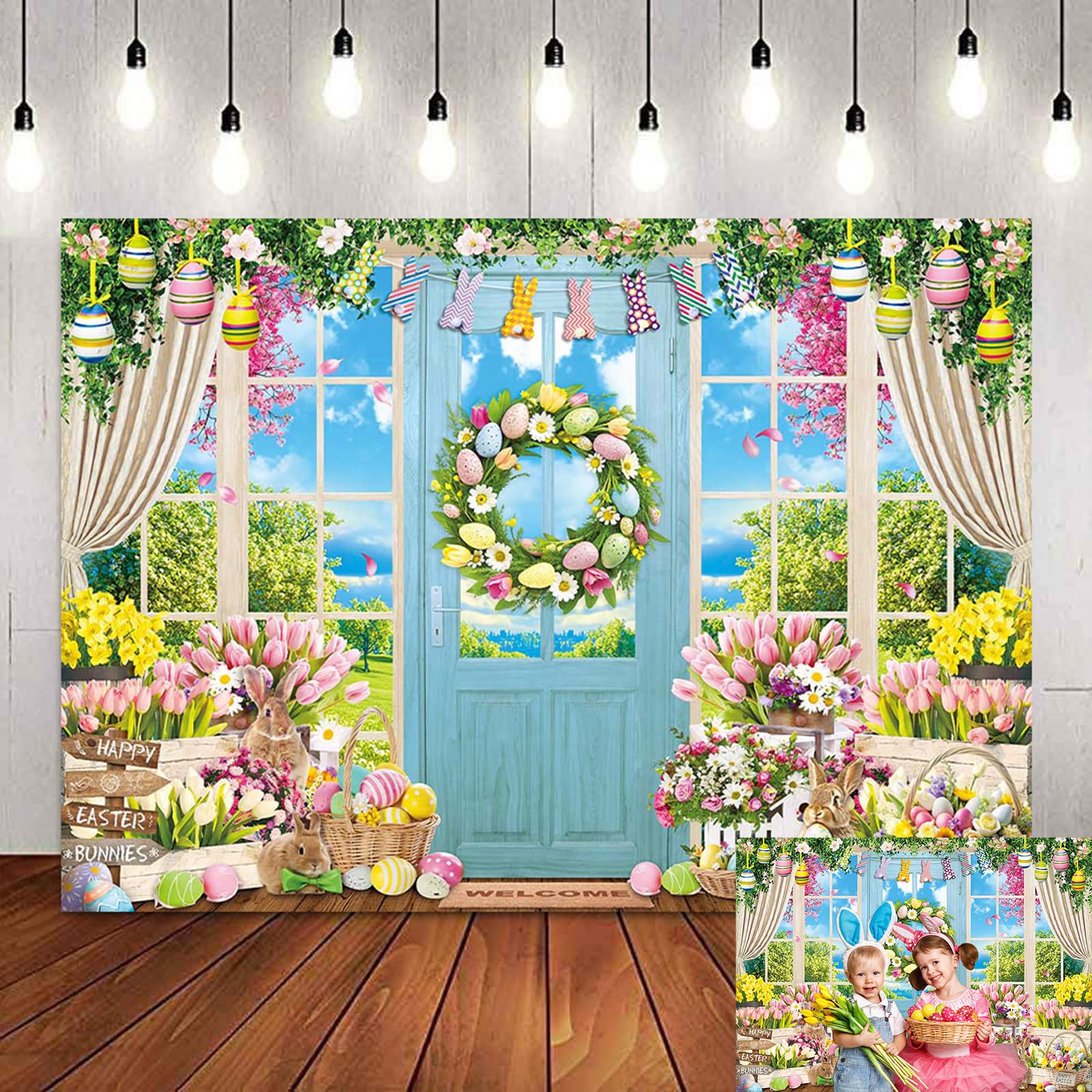 Hintergrund für Frühling/Ostern, Hase, bunte Eier, blaue Scheunentür, Fotoshooting, Hintergrund, Frühlingshase, Blumenmuster, für Kinder und Erwachsene, Party-Dekoration, Banner, Stand-Requisiten