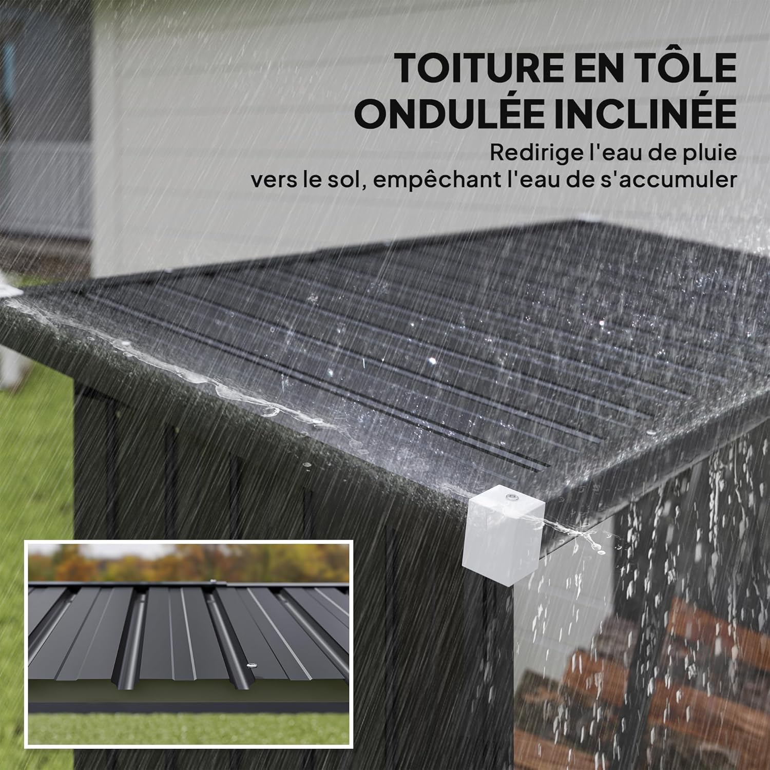 Close-up of the sloped roof of the log store during rain, showing water runoff.
