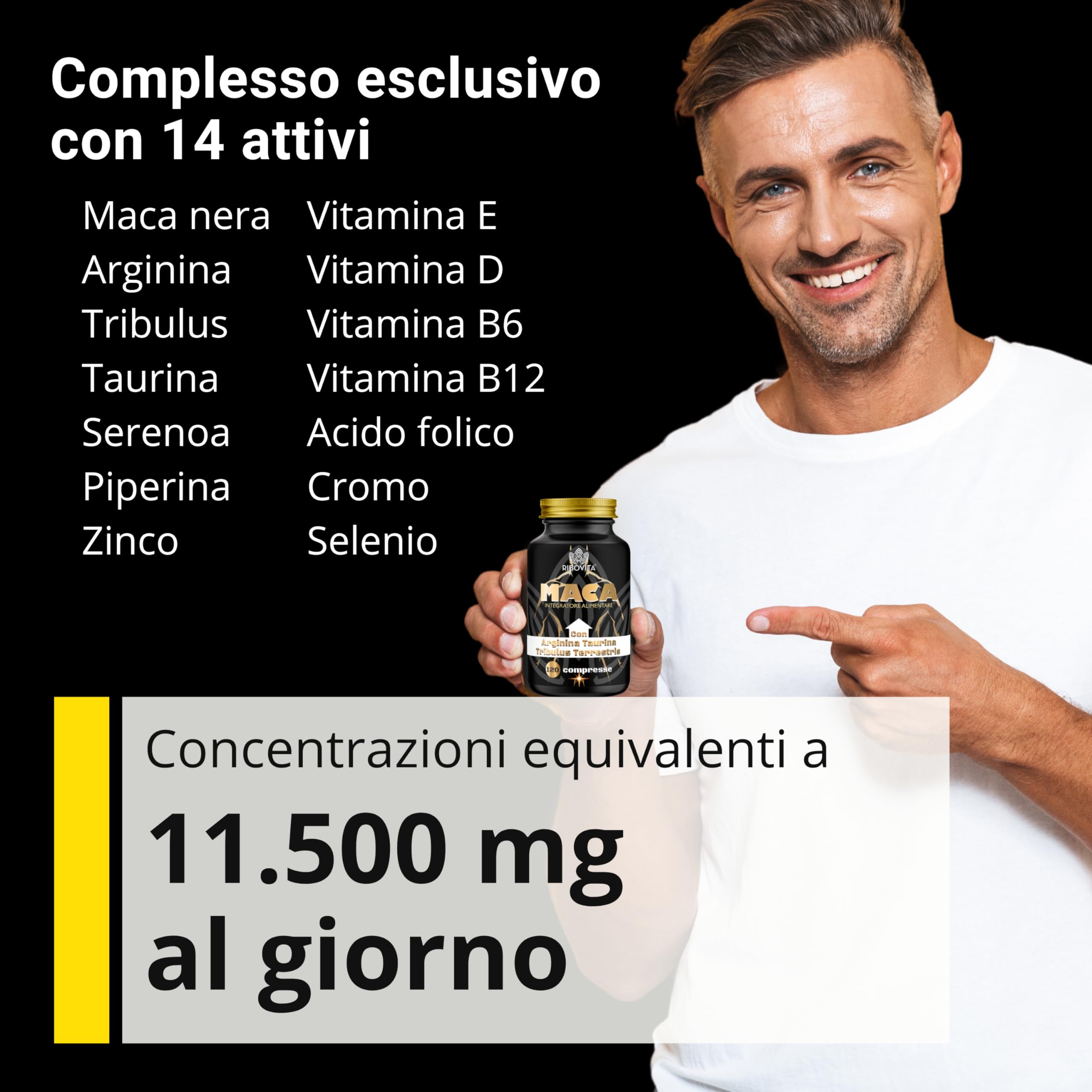 Maca Peruviana Nera 11.500mg con Taurina, Arginina e Tribulus - Integratore Energia Uomo per Forza Fisica e Stamina - 120 Compresse Made in Italy - Formula con 14 Attivi per Sport e Lavoro Intenso