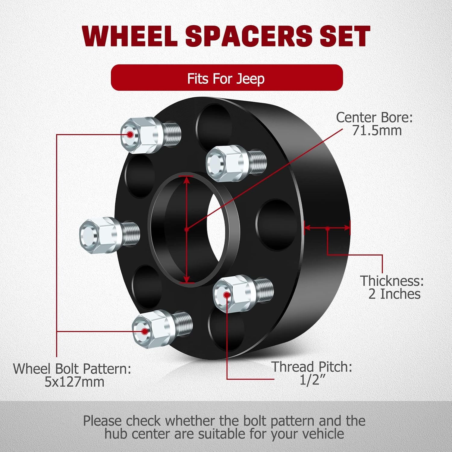 5x5 to 5x5 Wheel Spacers for WK WJ Grand Cheroke-e, Wheelcentric Adapter 2 Inch with 1/2" Studs for 2007-2018 for JK JKU Wrangler(NOT JL),2006-2010 for XK Commander-71.5mm