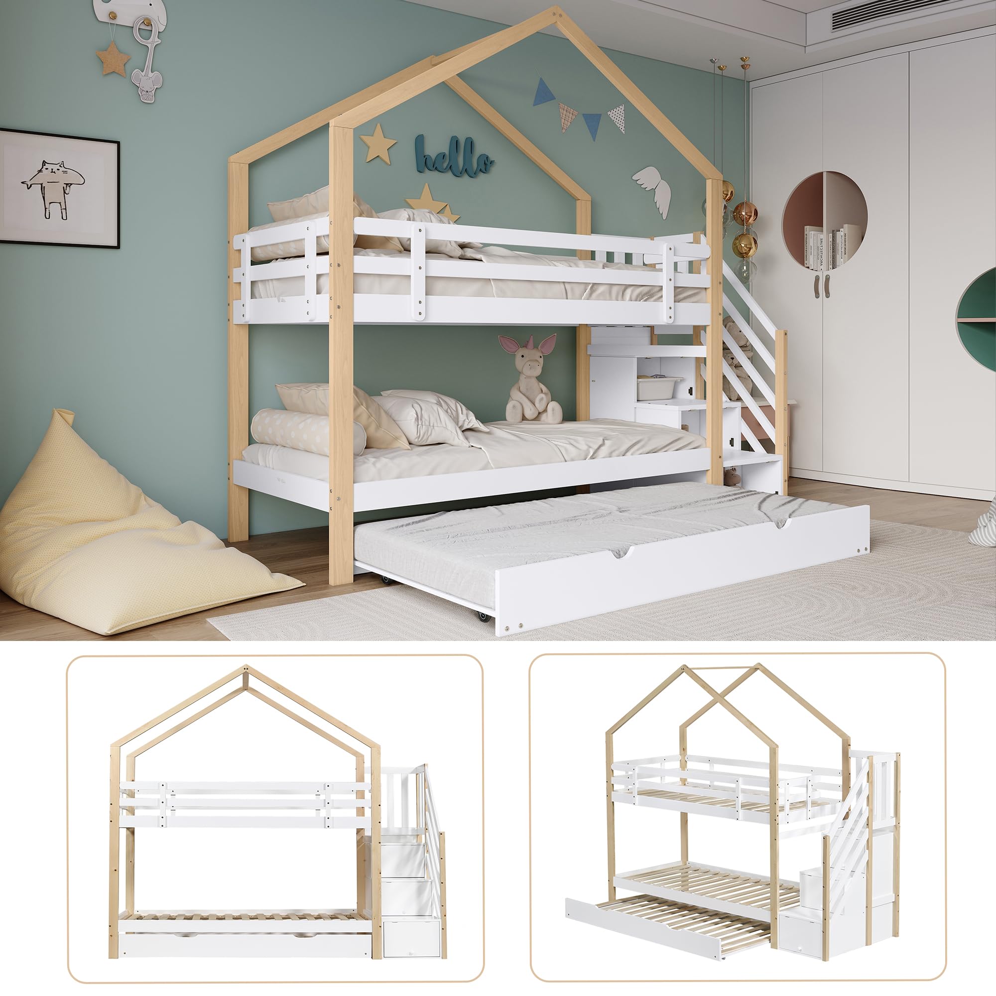 Rtopsu Letto per Bambini a Castello 90x200 cm con Letto Estraibile, Letto a Soppalco per Ragazzi con Scale e Contenitore Cassetti, Rete a Doghe in Legno, Bianco, Senza Materasso
