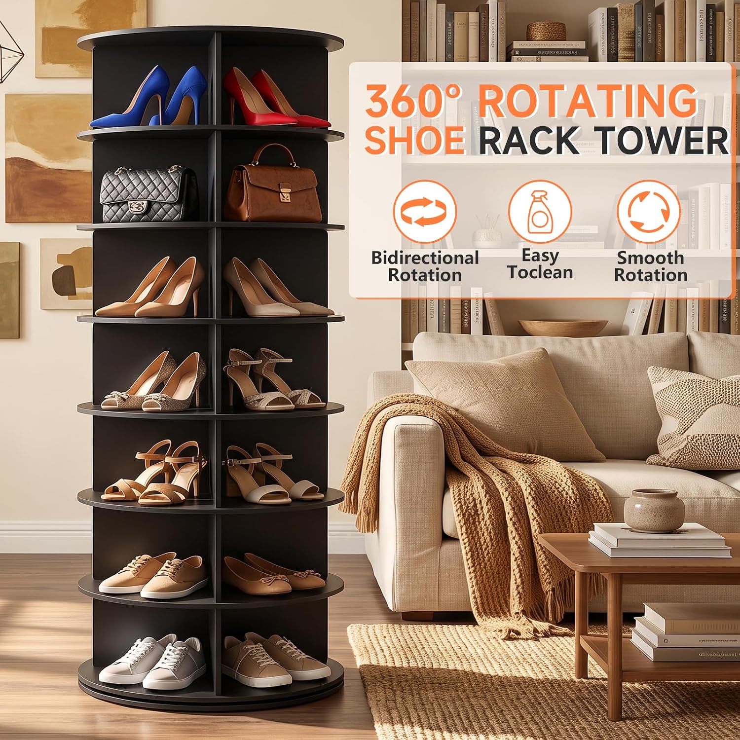 RUNSUNSPRI 7 Tier Rotating Shoe Rack 360°Rotating Shoe Rack Tower Black | Spinning Shoe Rack Tower for Bedroom Entryway Closet Holds 28-32 Pairs of Shoes Handbags Hats Display Decor