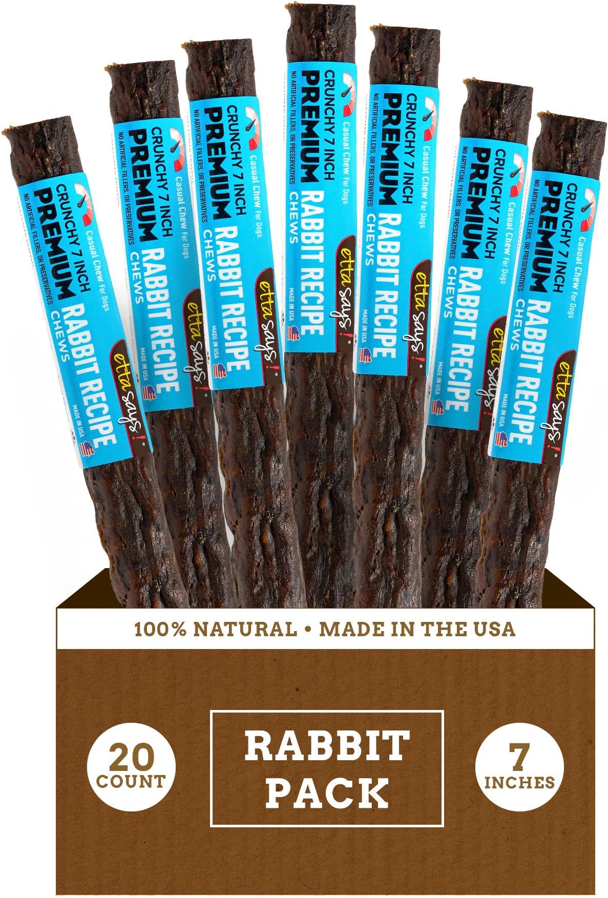 Premium Crunchy 7" Rabbit Dog Chews - Grain-Free Dog Treats, Good for Teeth, Easy to Digest - Made in The USA (20 Count Pack of 1)