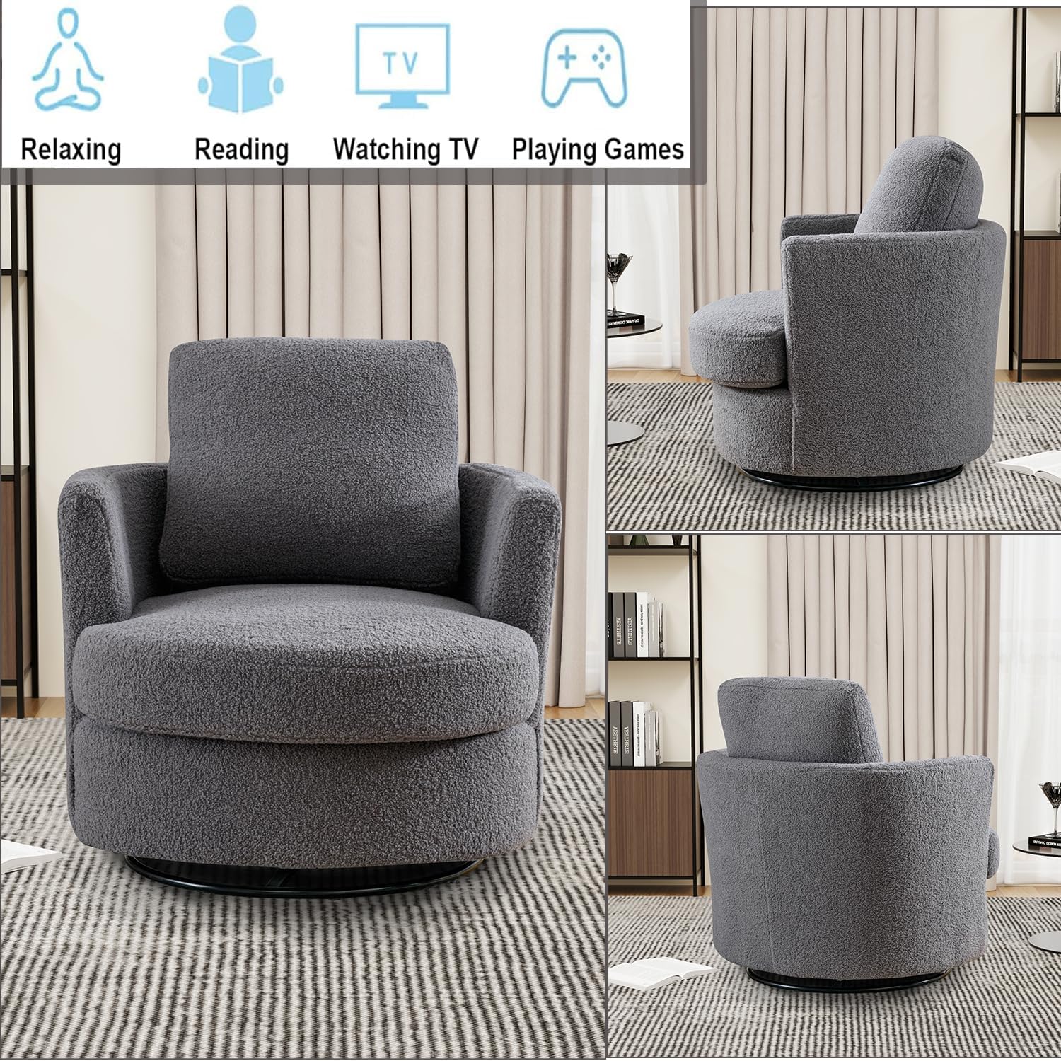 Teddy Swivel Accent Barrel Chair Set of 2, 31.9" W Comfy Round Accent Sofa Chair, Swivel Leisure Club Sofa Chair Arm Chair for Nursery Bedroom Living Room Lounge Hotel Office,Gray