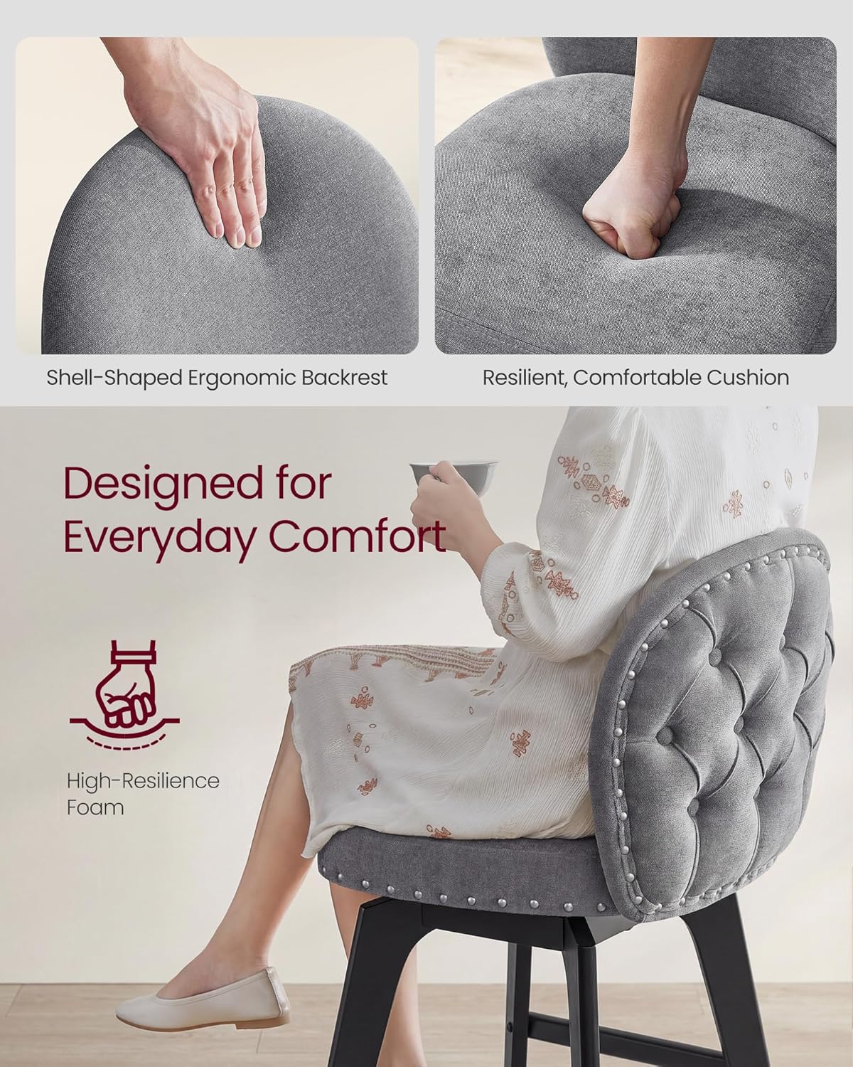 VASAGLE Bar Stools Set of 2, Swivel Counter Chairs with Back, Solid Wood Legs, Chenille Fabric, 26.2-Inch Tall Counter Height Barstools for Kitchen Island Dining Home Bar, Slate Gray