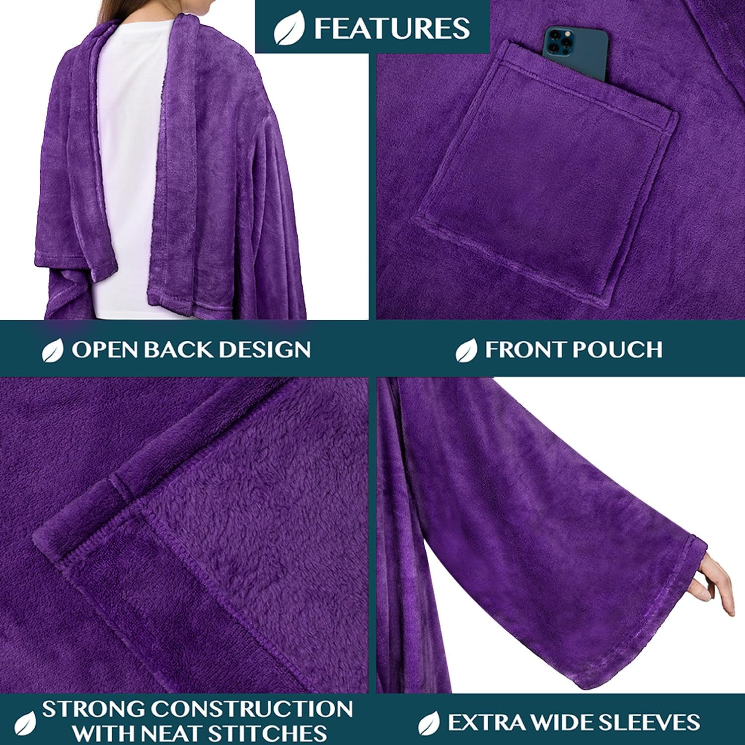 PAVILIA Wearable Blanket with Sleeves for Adult Women Men, Cozy Fleece Warm Wrap Throw with Arms, Gifts for Christmas, Wife - Image 2