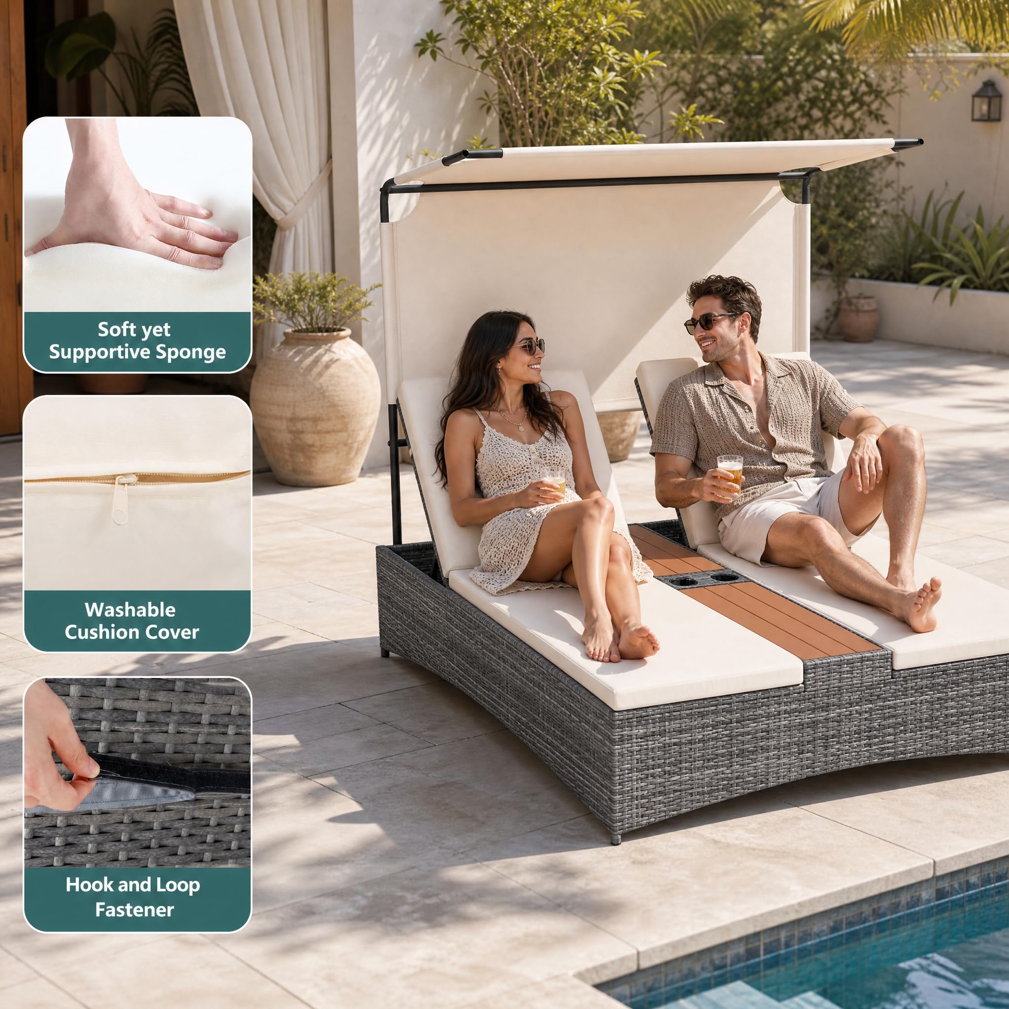 GIANTEX Lettino Prendisole a 2 Posti, Lettino da Giardino in Rattan e Metallo, Schienali Regolabili e Tettuccio Integrato, Moderno Sdraio con Cuscini Morbidi e Tavolino per Piscina e Cortile (Beige)
