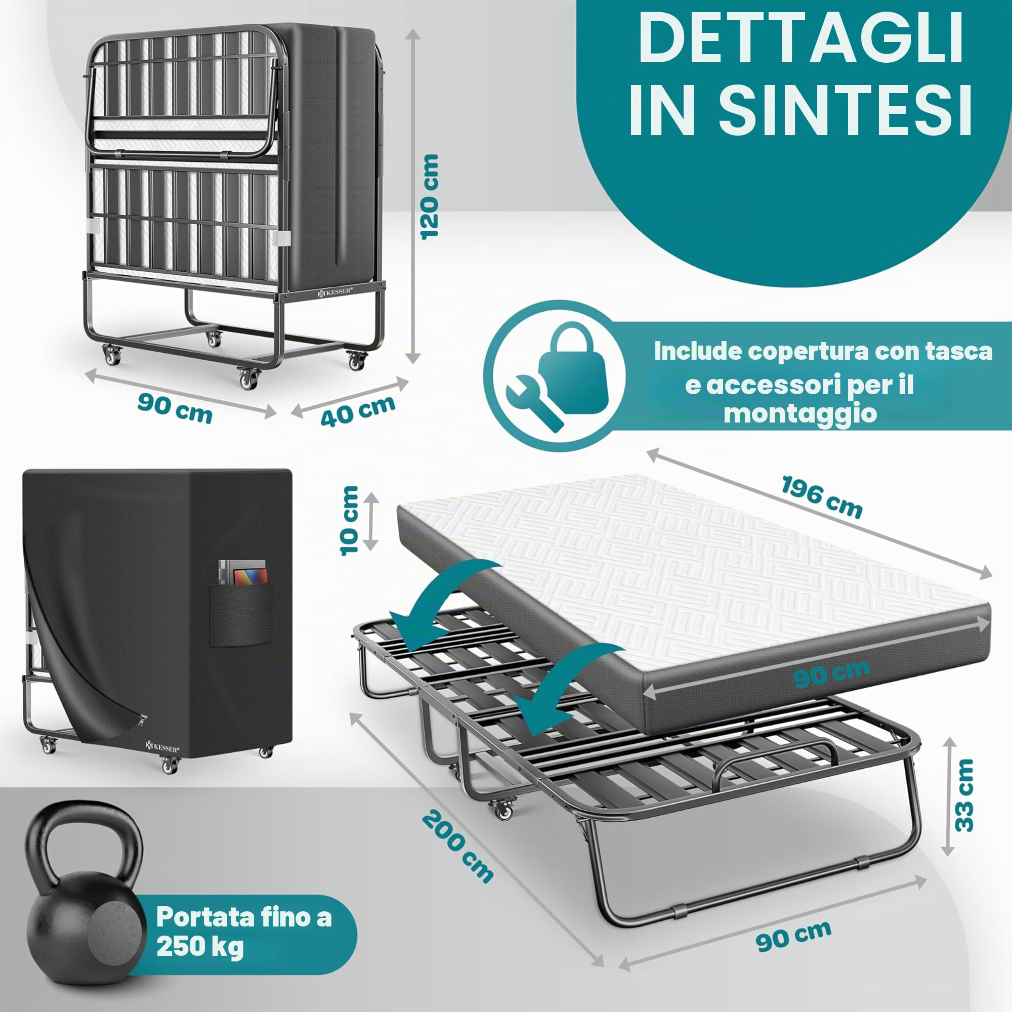 KESSER® Letto pieghevole 200 x 90 cm, con materasso in memory foam e ruote, letto da viaggio pieghevole in metallo, portata fino a 250 kg