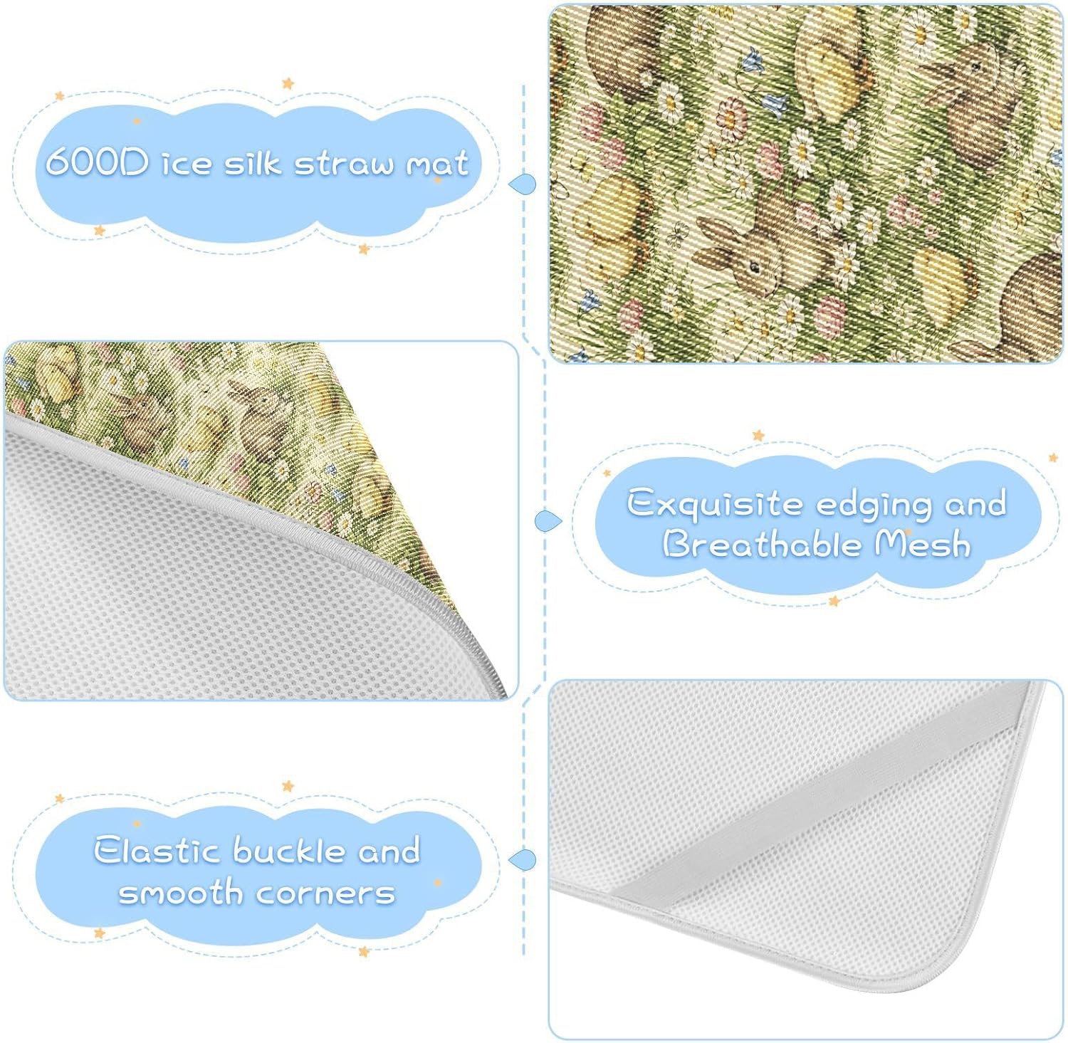 Baby Cooling Mat Bunnies and Chickens Ice Silk Breathable Mesh Summer Crib Mattress Pad with Pillowcase, Soft Cooling Sleeping Surface for Infant & Toddler, 52"x28"