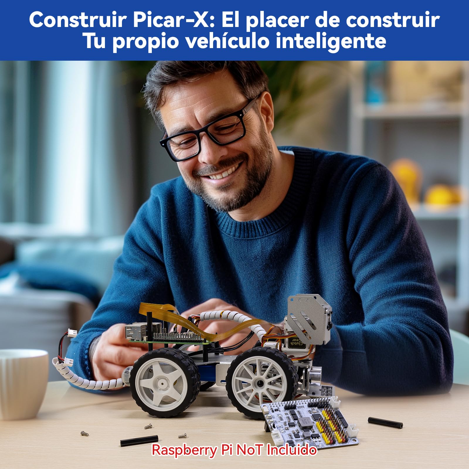 SunFounder Picar-X Kit de Coche Robot con IA para Raspberry Pi 5/4/3B+/Zero 2W, Openclaw LLM ChatGPT/Gemini/Grok, reconocimiento de Voz y vídeo, Python, Scratch, cámara (Raspberry Pi no Incluido)