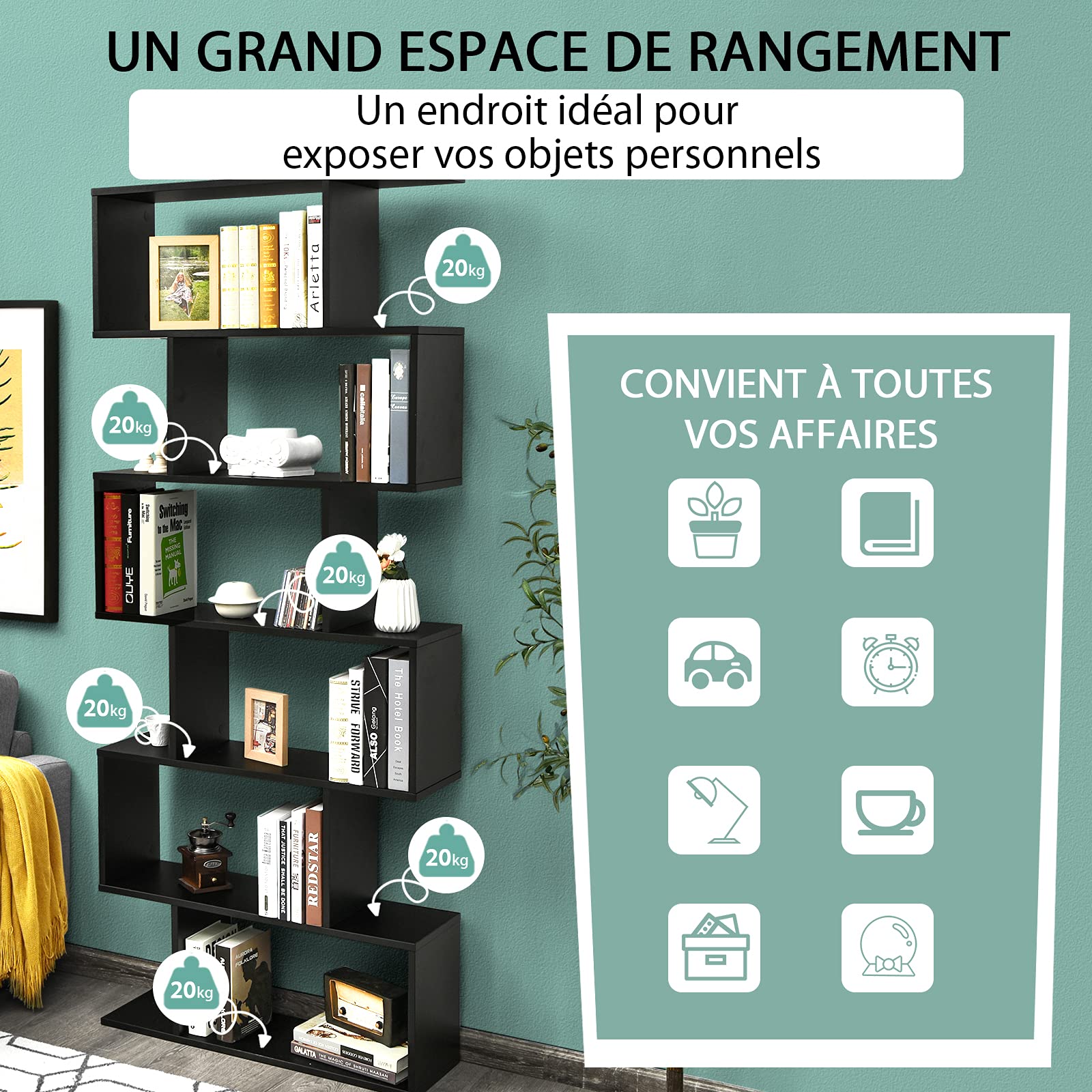 COSTWAY Bibliothèque en Forme de S, Étagère à 6 Niveaux (Noir)
