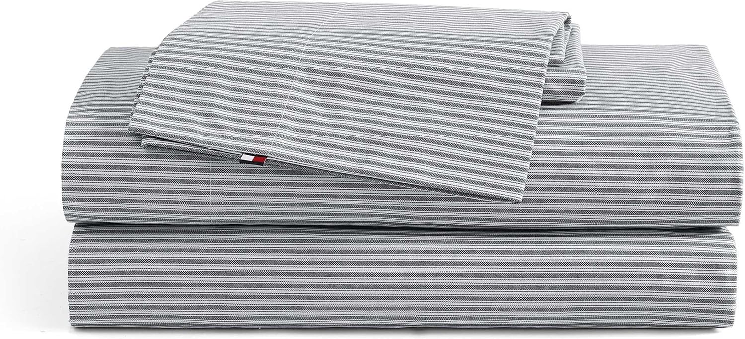 Tommy Hilfiger - Queen Size Sheets Set, Crisp & Tailored Cooling Sheets with a Naturally Smooth Cotton Percale Lightweight Feel - Bed Sheets with Matching Pillowcases & Fitted Sheet (Blue) - Thumbnail 3