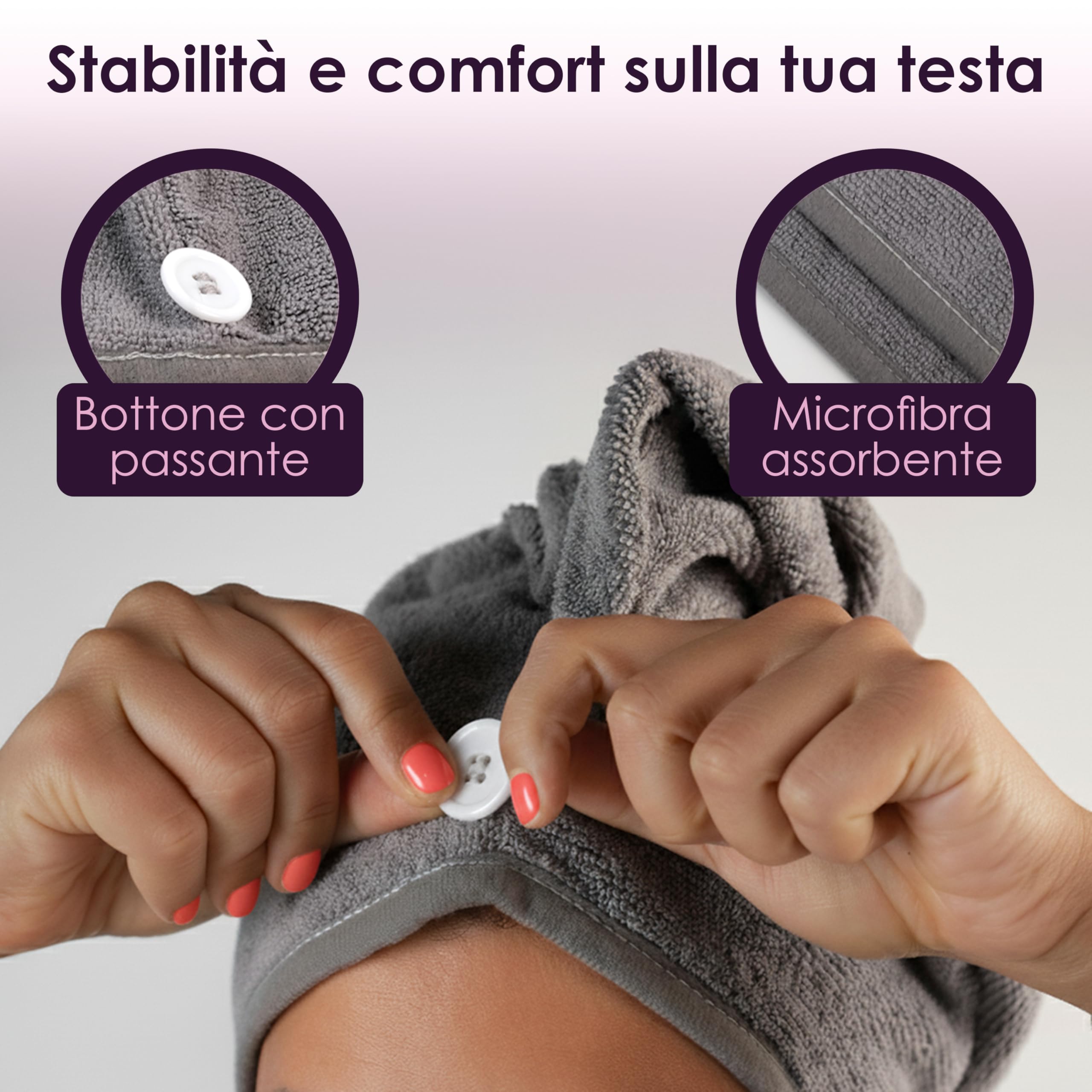 Generico Turbante Asciugacapelli in Microfibra 65x25 Cm Morbido e Assorbente con Bottone Antiscivolo