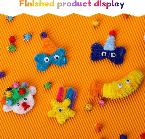 Miniatura 7 de Tikjiua Paquete de 1800 limpiadores de pipas para manualidades, vibrantes 18 colores surtidos con ojos meneantes, pompones para manualidades,