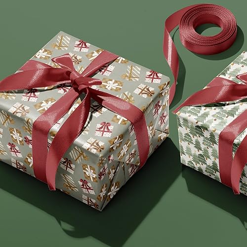 Miniatura 4 de FIEHALA Hojas planas de papel de regalo de Navidad, 12 hojas con 4 patrones rojos y verdes, diseño plano precortado y plegado (20 x 27.5 pulgadas