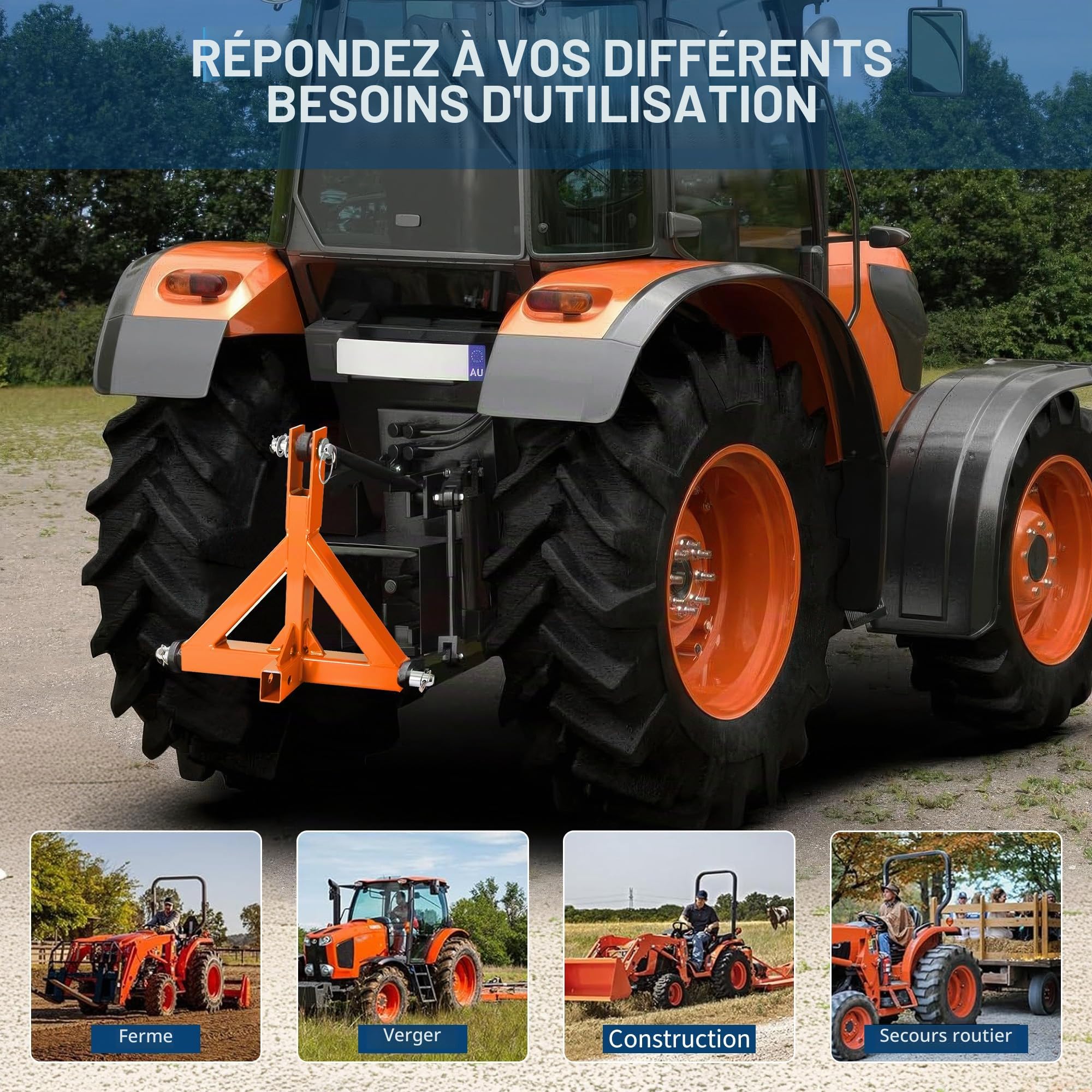 Attelage 3 points robuste Catégorie 1 pour tracteur – Récepteur 2" et crochet – Barre de remorquage rapide, compatible accessoires agricoles/remorques – Acier inoxydable 3mm – Adapté