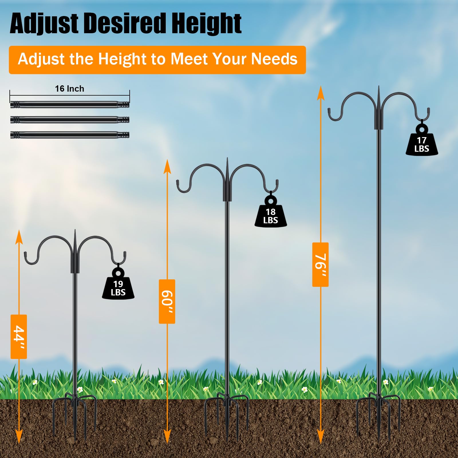 FEED GARDEN Double crochet de berger réglable pour l'extérieur avec base à 5 griffes - 193 cm - Mât double face pour accrocher des paniers de plantes, des lanternes solaires et des carillons éoliens