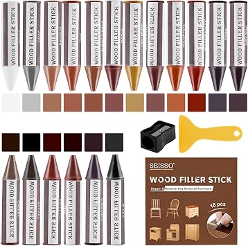 SEISSO Wood Furniture Scratch Repair Filler Sticks, 18 Colors Wax Sticks with Sharpener, Scratch/Dent/Crack/Mark/Stain Cover&Remover, Wood Touch Up Sticks for Floor, Table, Door, Cabinet 18 Color