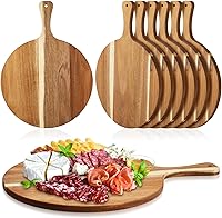 Sliner 6-Pack Acacia Wood Round Charcuterie Boards with Handles - 0.6" Thick 12x16 Inch Cutting Boards for Cheese, Meat, Pizza & Fruit