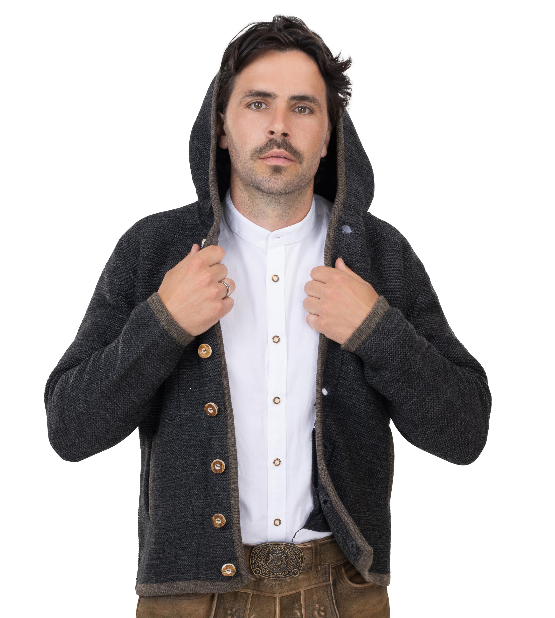 Herren Trachtenjacke mit Kapuze – Trachten-Strick-Jacke aus Wolle – Hoodie Strickjacke Grau/Anthrazit Cardigan - Arvid