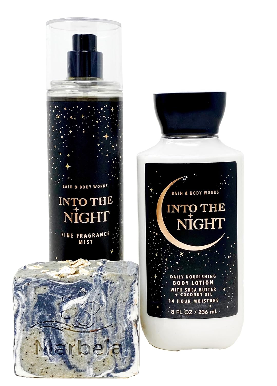 Bath & Body Works Into The Night - Duo Gift Set - Fien Fragrance Mist and Body Lotion with a Charcoal Scrub Soap.