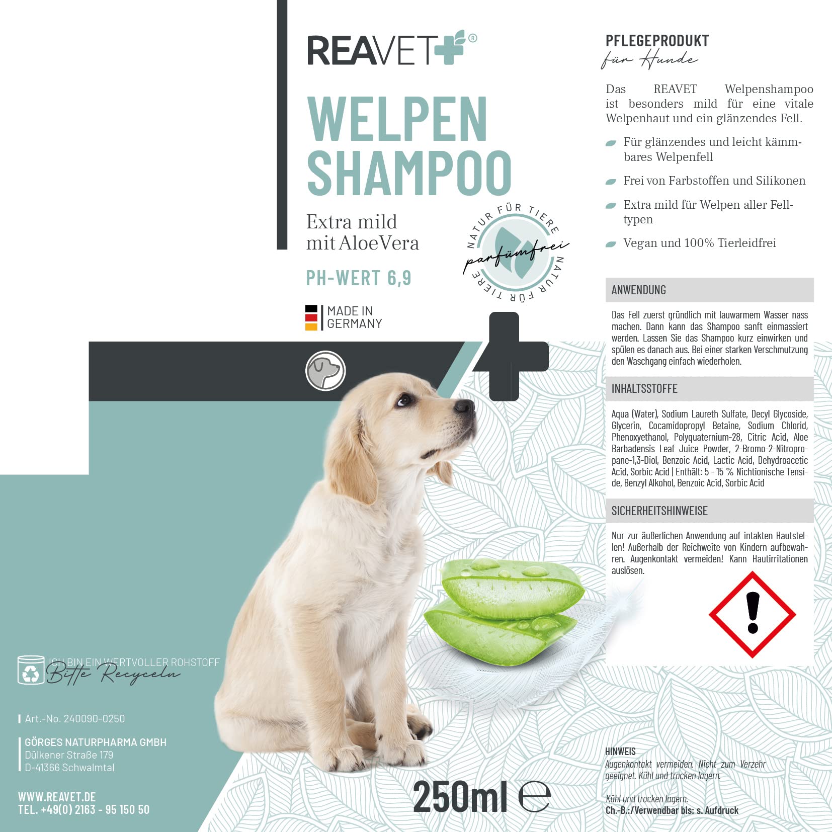 ReaVET Champú para cachorros, aloe vera, 250 ml, extra suave para perros, cachorros, champú para perros, champú para perros, pelo brillante y fácil de peinar, sin perfume, champú para perros Sensitiv