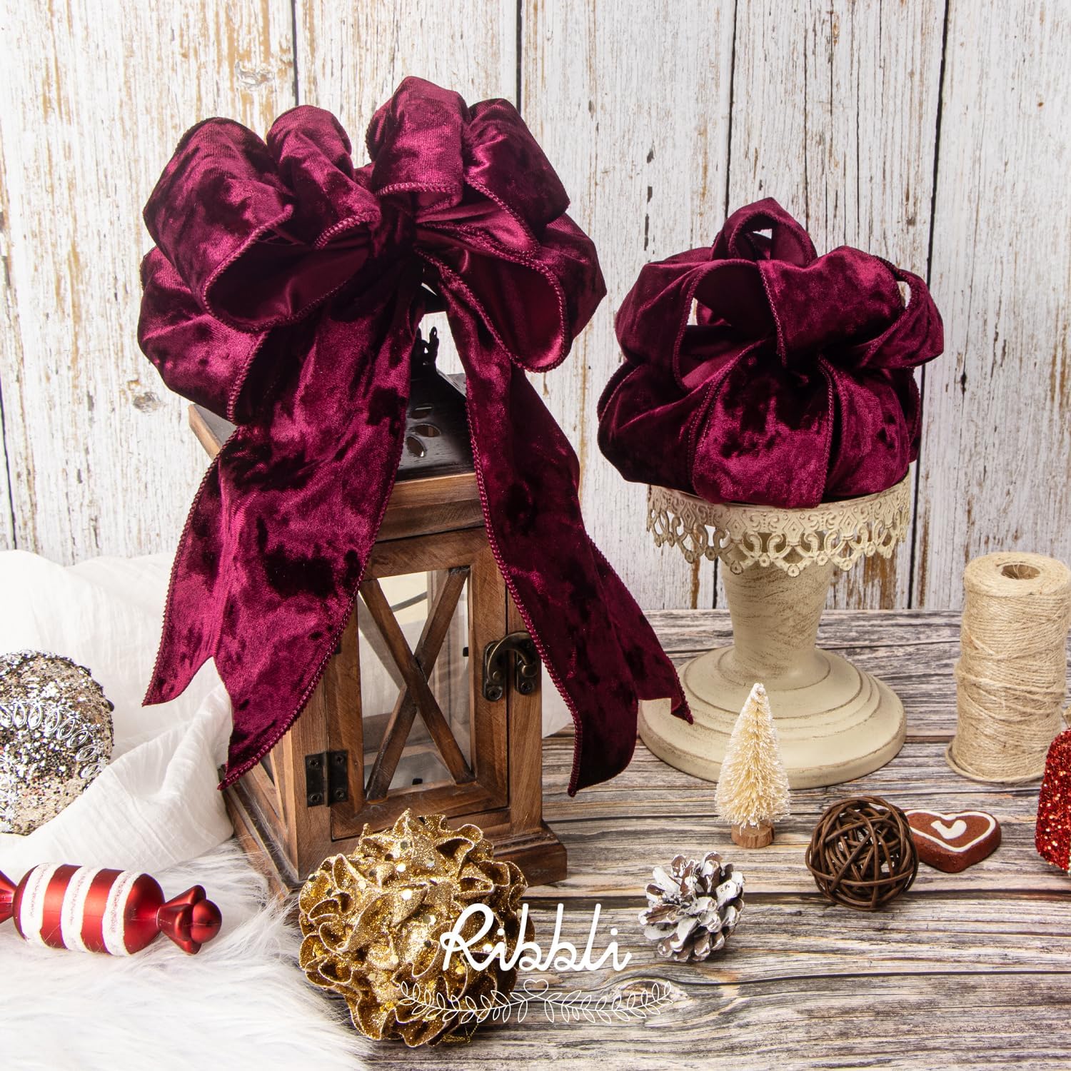 Ribbli Burgundy Velvet Wired Ribbon 4 Inch Crushed Velvet Christmas Ribbon for Gift Wrapping Christmas Tree Decoration Crafts Wreaths Supplies-Continuous 10 Yards