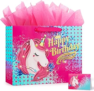 BeiLaad Unicorn Happy Birthday Gift Bag with Greeting Card and Tissue Paper, Birthday Gift Bags for Kids Girls Medium