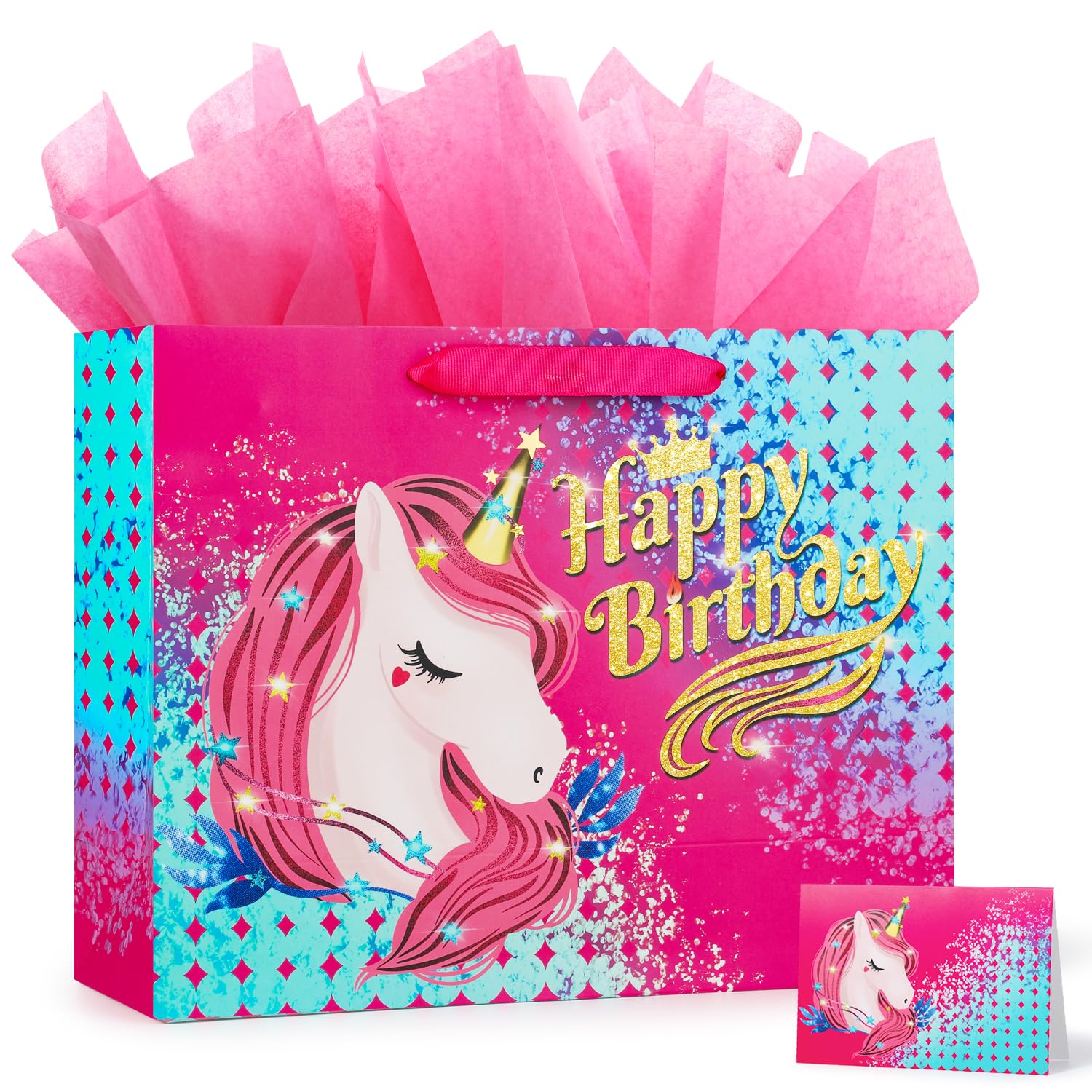 BeiLaad Unicorn Happy Birthday Gift Bag with Greeting Card and Tissue Paper, Birthday Gift Bags for Kids Girls Medium