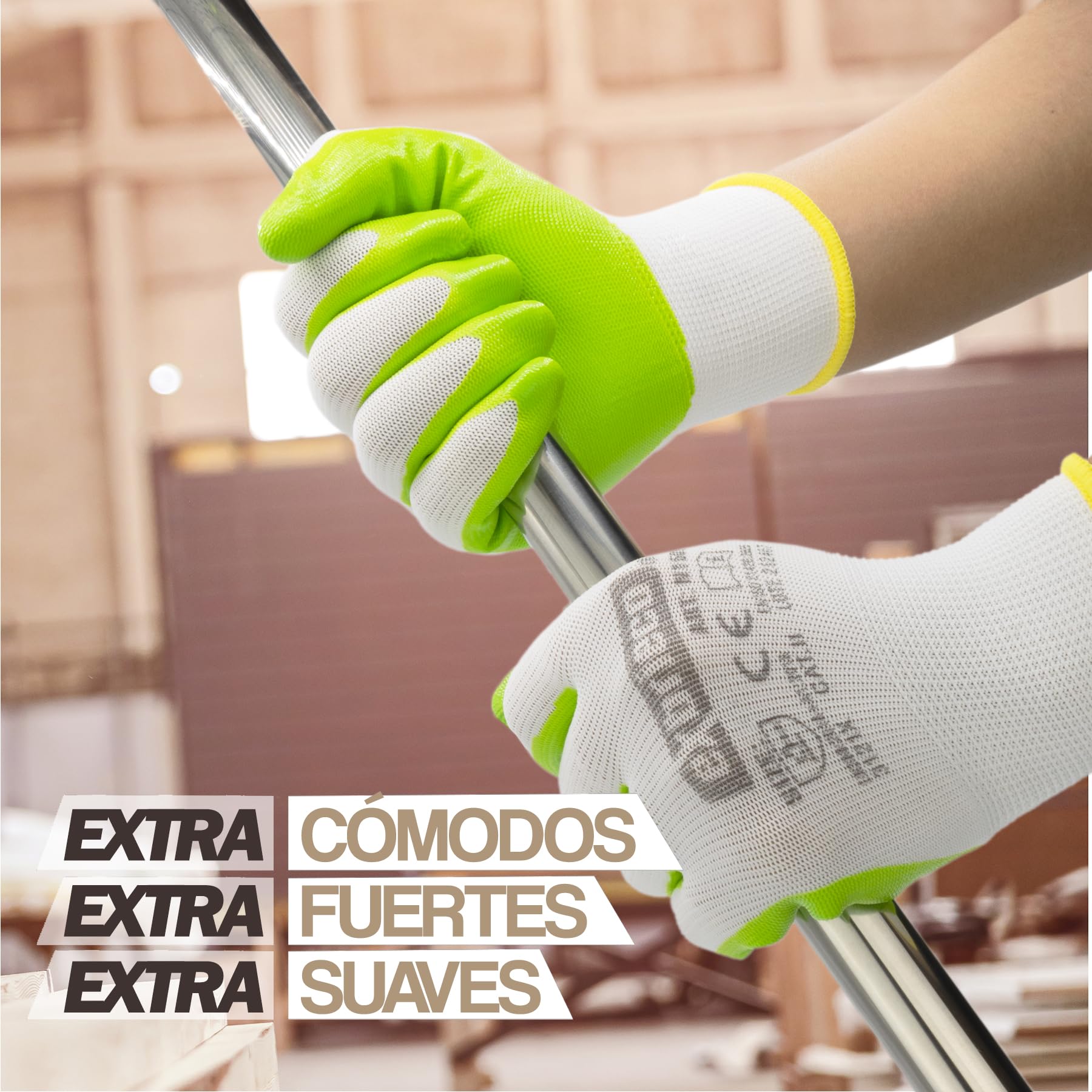 Guantes de Trabajo Profesionales Ideales para Automotriz, Construcción y Embalaje, Guantes de Protección CAT2 en Poliéster y Nitrilo, Precisión Táctil, Multipropósito, Cómodos, Resistentes