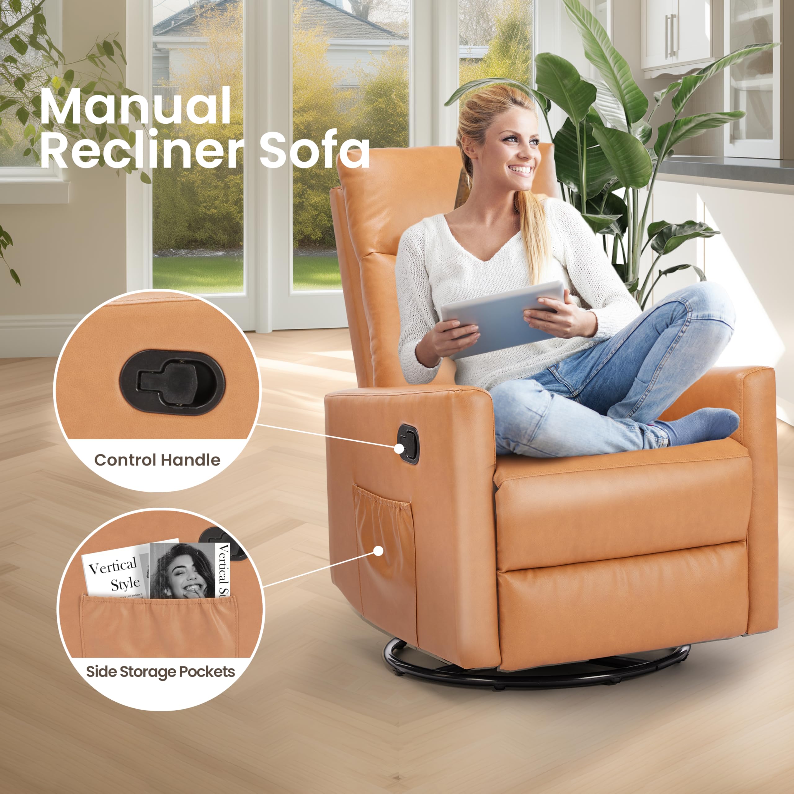 Dextrus Comfort Swivel Rocker Recliner Chair For Nurseries, Home Theater Seating In Soft Leather