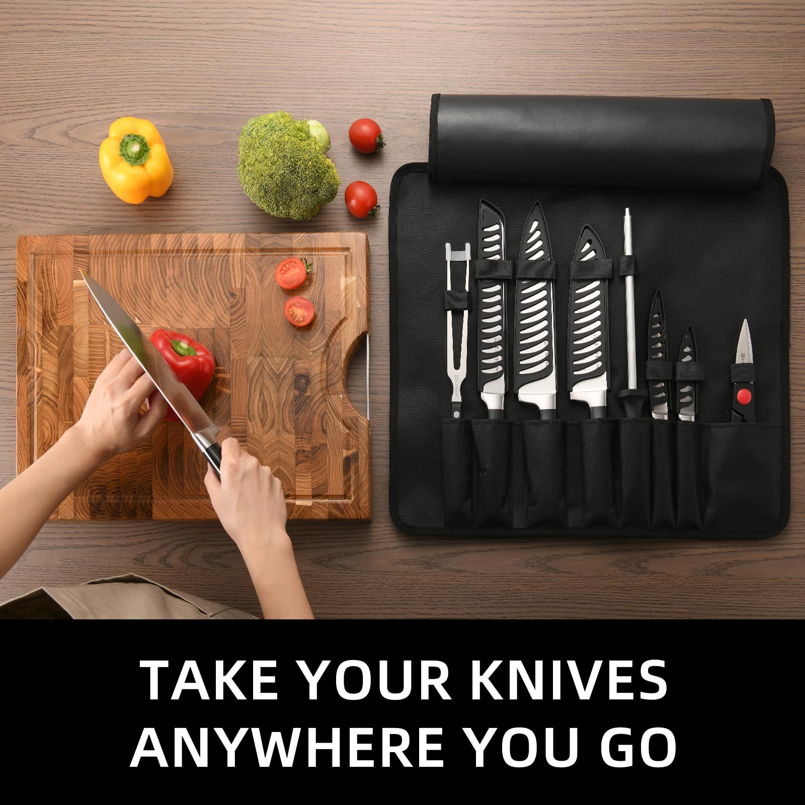portátil Oxford cuchillo bolsa, 9 ranuras cuchillo y tenedor herramienta rollo bolsa, los cuchillos son Japón 420j2 acero, afilado y duradero