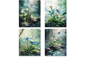 KSDUT Dragonfly Wall Décor Art Set of 4 - Vintage Landscape Prints for Home