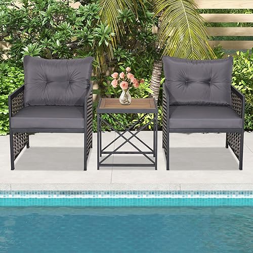 Miniatura 3 de Tangkula Juego de sillas de ratán de 3 piezas, sillas de mimbre para patio y mesa de café, marco de metal resistente y mesa de madera de acacia