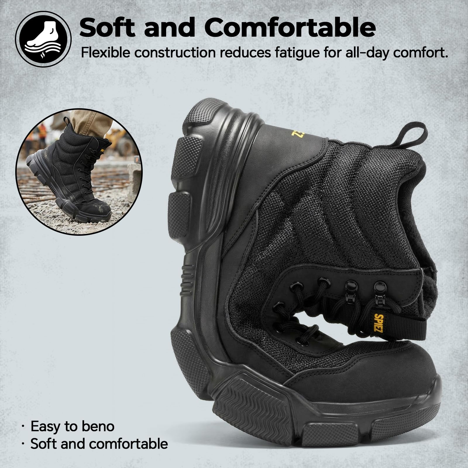 SPIEZ Botas de Seguridad Hombre SB PL, Ligeras Botas de Trabajo con Cremallera, Cómodos Zapatos de Seguridad con Puntera de Acero, Negro